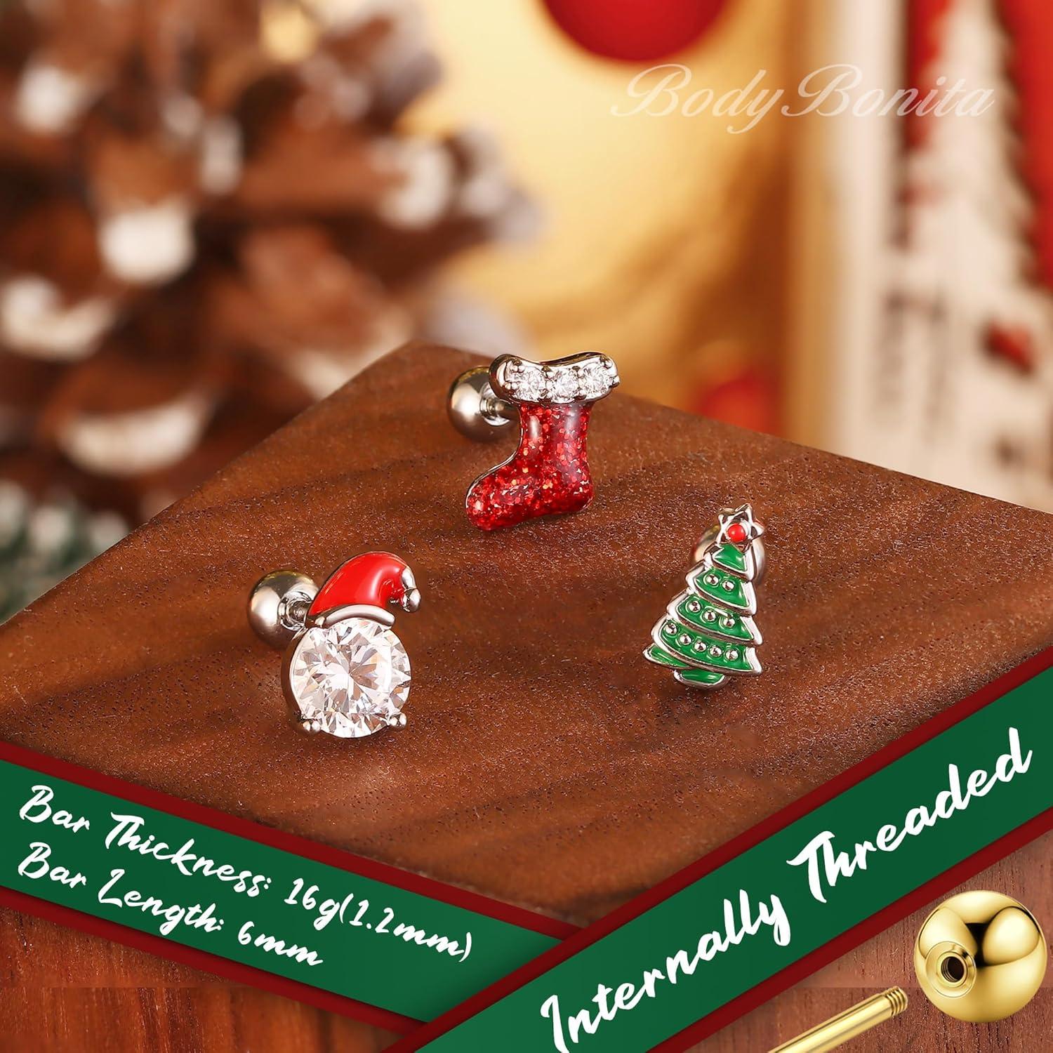 imageBodyBonita 3Pcs 16G 316 Surgical Steel Christmas Cartilage Earring CZ Tragus Piercing Jewelry Helix Studs Conch Piercing Jewelry Stud Earring for Women MenStyle2Silver