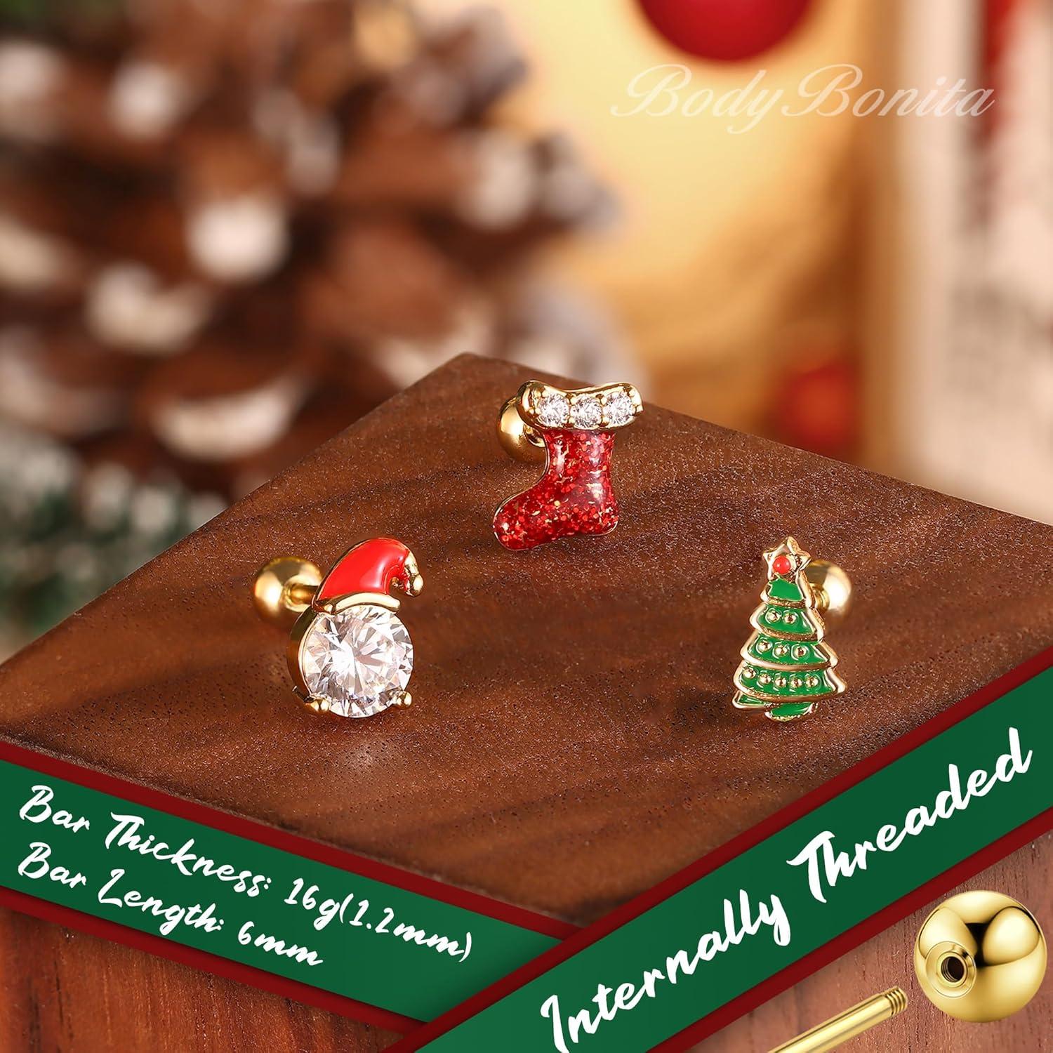 imageBodyBonita 3Pcs 16G 316 Surgical Steel Christmas Cartilage Earring CZ Tragus Piercing Jewelry Helix Studs Conch Piercing Jewelry Stud Earring for Women MenStyle2Gold