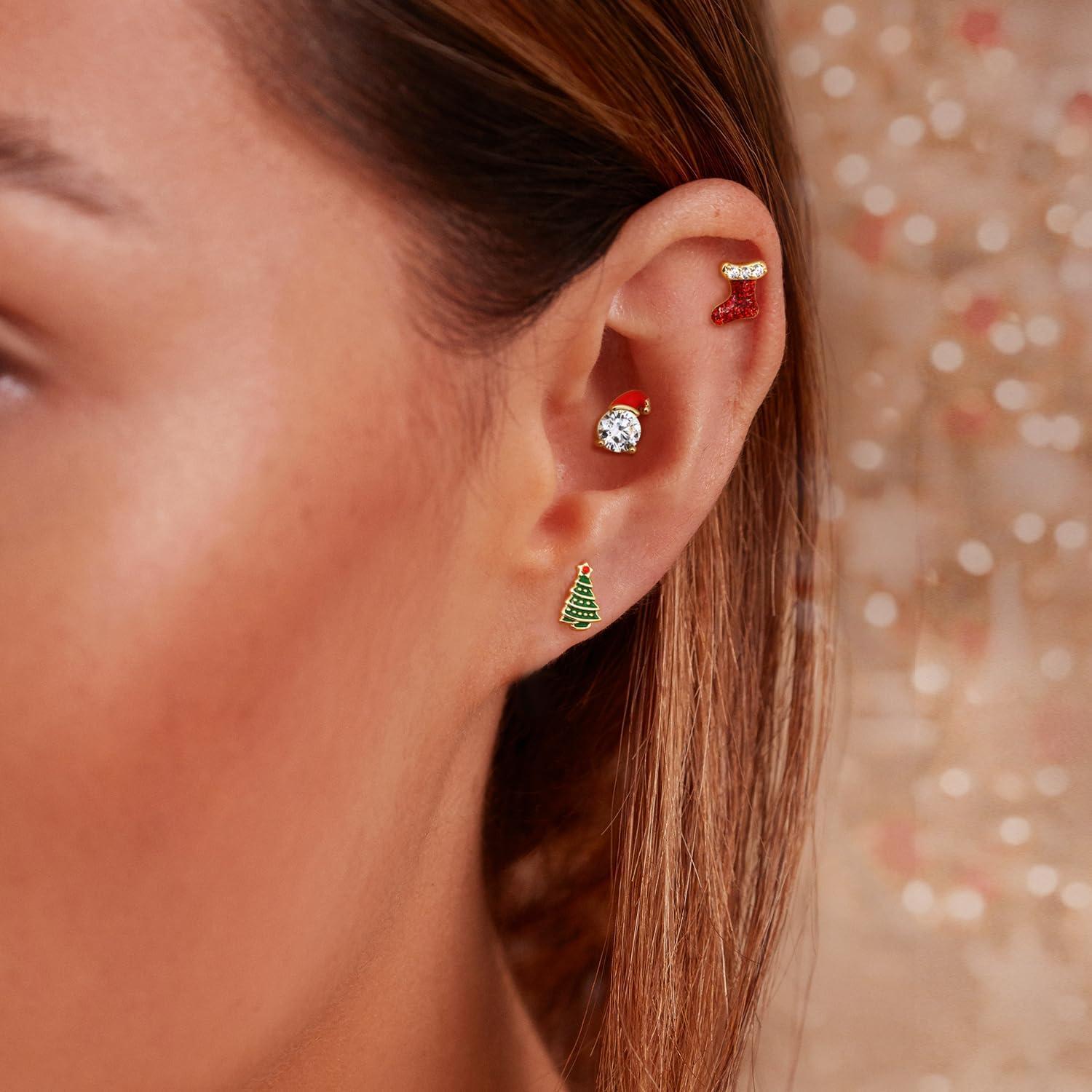 imageBodyBonita 3Pcs 16G 316 Surgical Steel Christmas Cartilage Earring CZ Tragus Piercing Jewelry Helix Studs Conch Piercing Jewelry Stud Earring for Women MenStyle2Gold