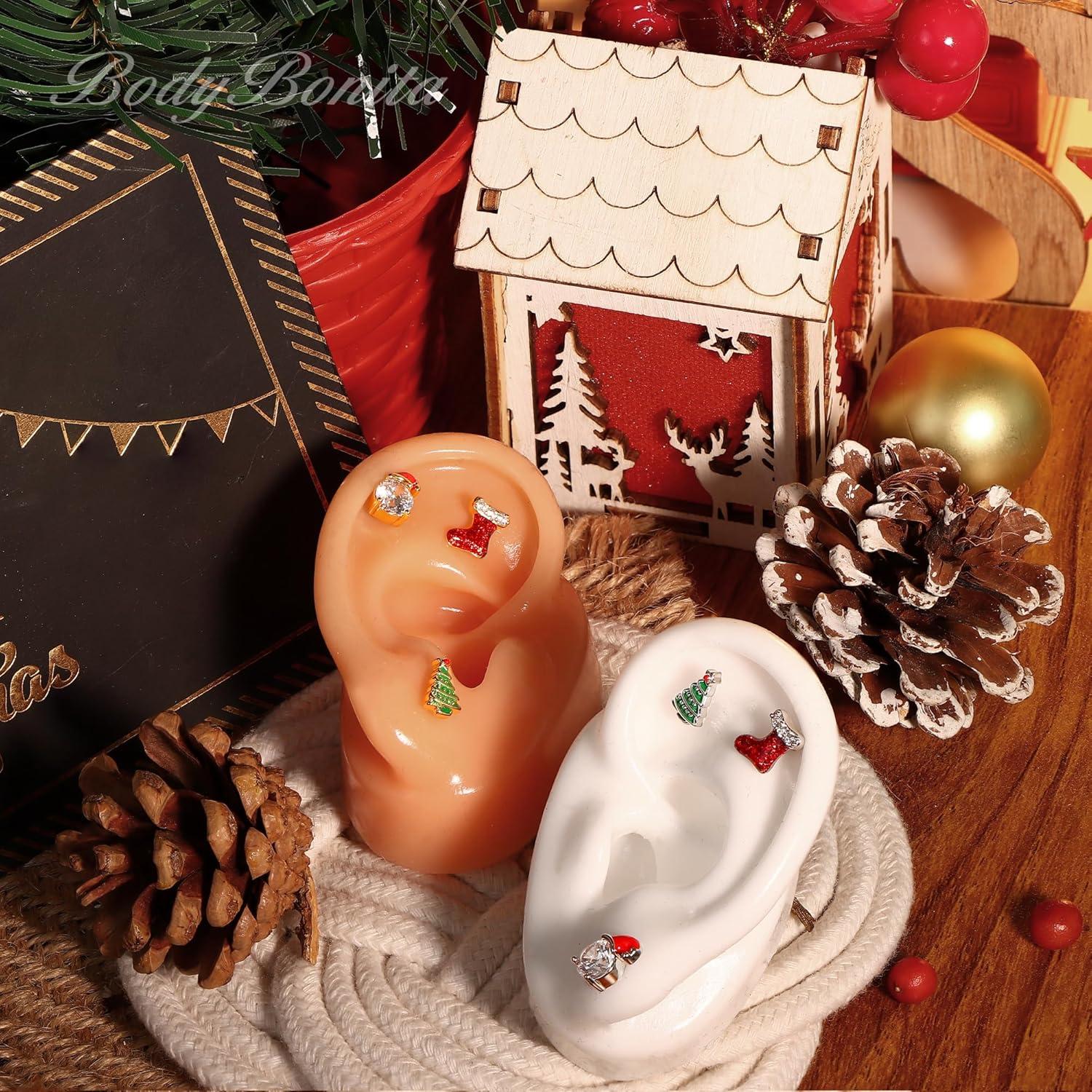 imageBodyBonita 3Pcs 16G 316 Surgical Steel Christmas Cartilage Earring CZ Tragus Piercing Jewelry Helix Studs Conch Piercing Jewelry Stud Earring for Women MenStyle2Silver