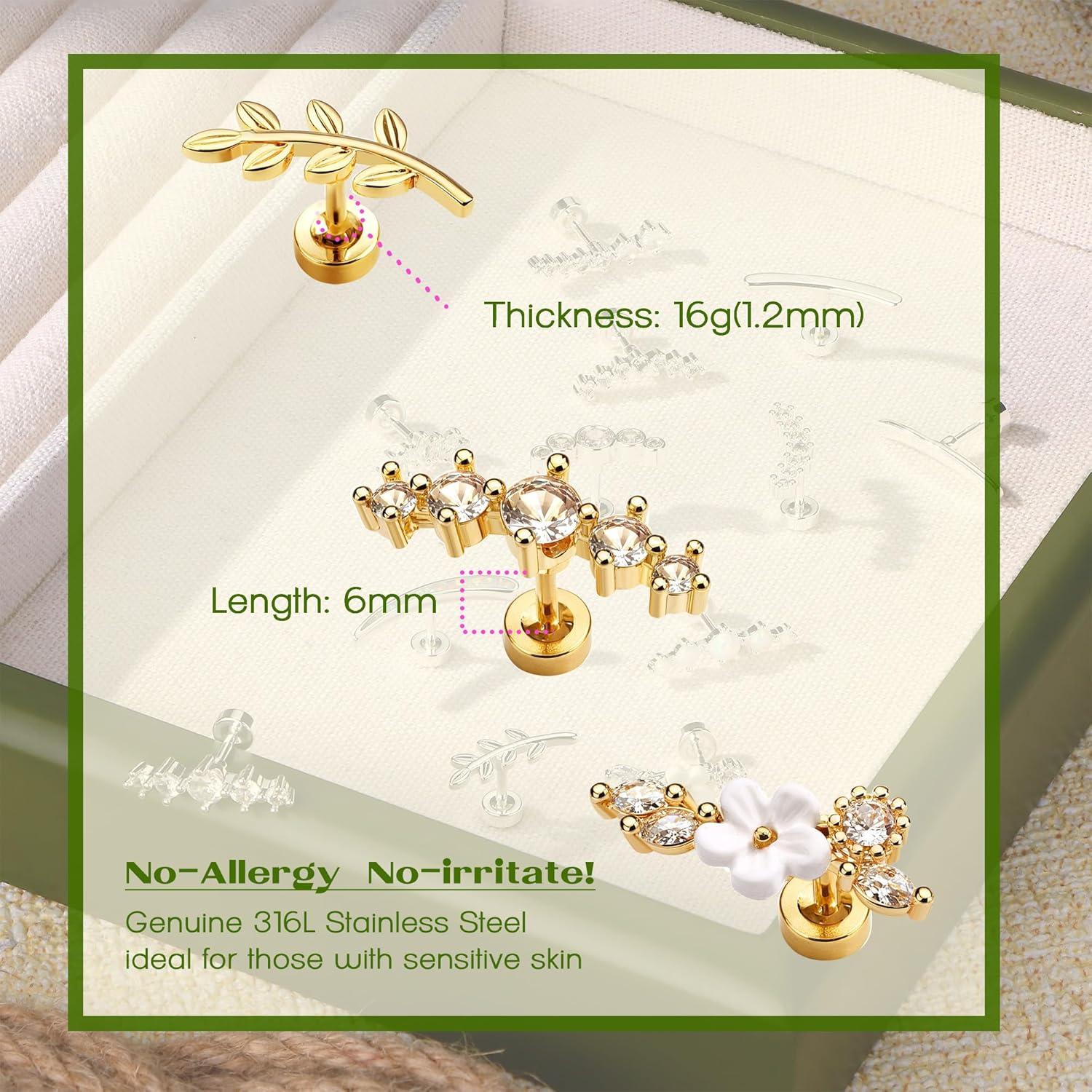 imageBodyBonita 3Pcs 16G Cartilage Earrings for Women 316L Surgical Steel Flat Back Earrings Piercings Opal CZ Stud Earrings Set Lobe Conch Helix Daith Tragus Jewelry Gold PlatedSilverGold FlowerCZ