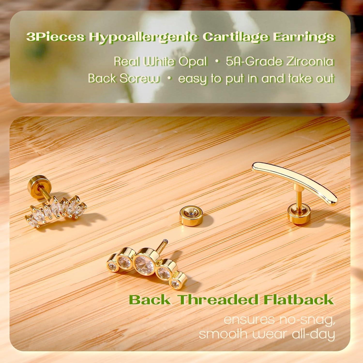 imageBodyBonita 3Pcs 16G Cartilage Earrings for Women 316L Surgical Steel Flat Back Earrings Piercings Opal CZ Stud Earrings Set Lobe Conch Helix Daith Tragus Jewelry Gold PlatedSilverGold Ball CZ