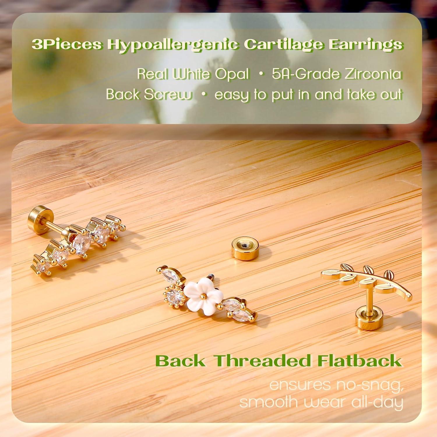 imageBodyBonita 3Pcs 16G Cartilage Earrings for Women 316L Surgical Steel Flat Back Earrings Piercings Opal CZ Stud Earrings Set Lobe Conch Helix Daith Tragus Jewelry Gold PlatedSilverGold FlowerCZ