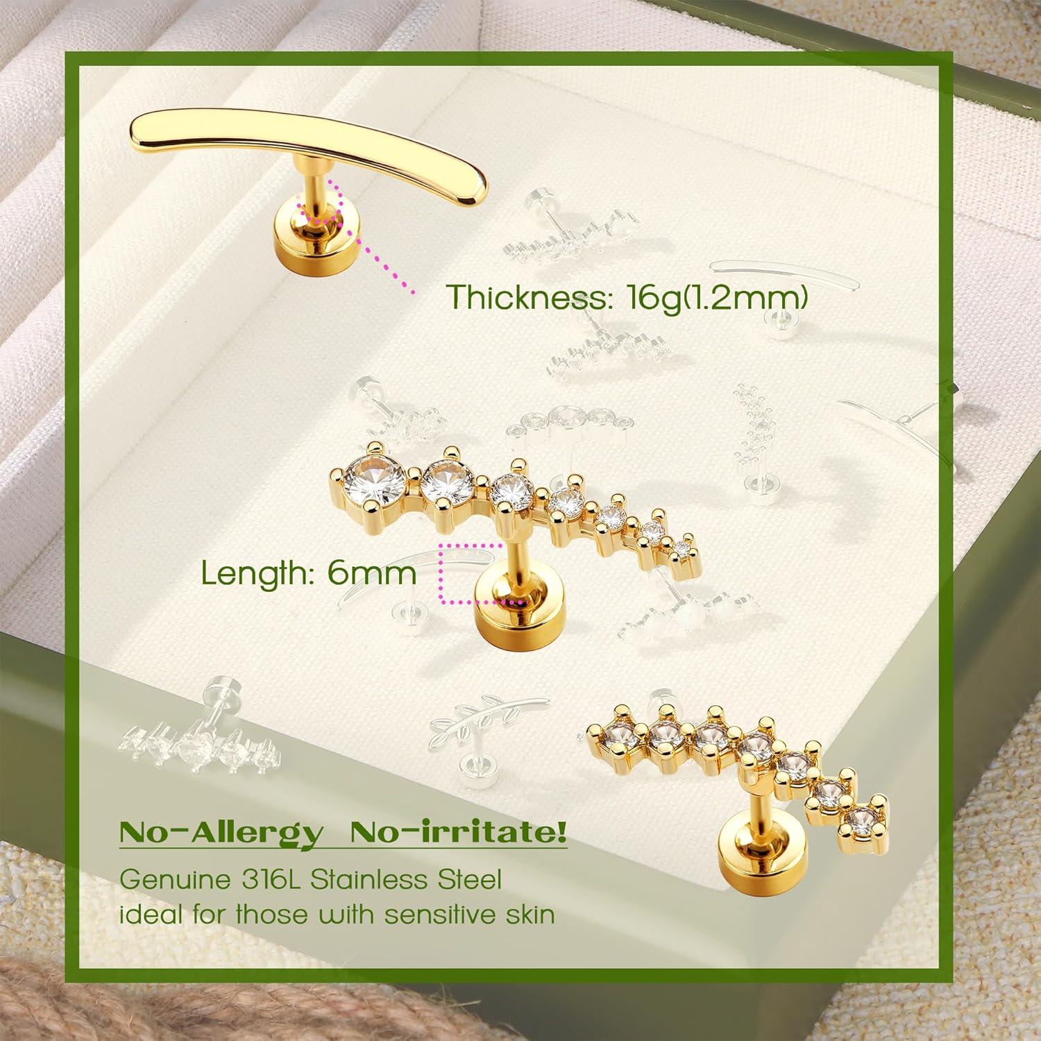 imageBodyBonita 3Pcs 16G Cartilage Earrings for Women 316L Surgical Steel Flat Back Earrings Piercings Opal CZ Stud Earrings Set Lobe Conch Helix Daith Tragus Jewelry Gold PlatedSilverGold CZ