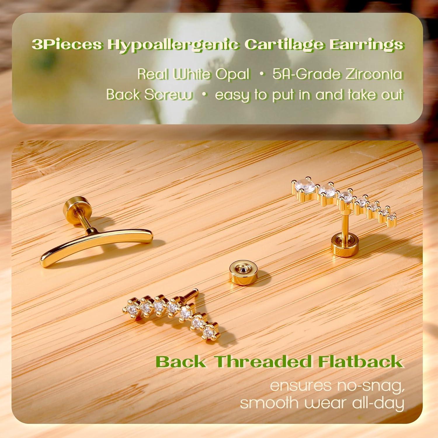 imageBodyBonita 3Pcs 16G Cartilage Earrings for Women 316L Surgical Steel Flat Back Earrings Piercings Opal CZ Stud Earrings Set Lobe Conch Helix Daith Tragus Jewelry Gold PlatedSilverGold CZ