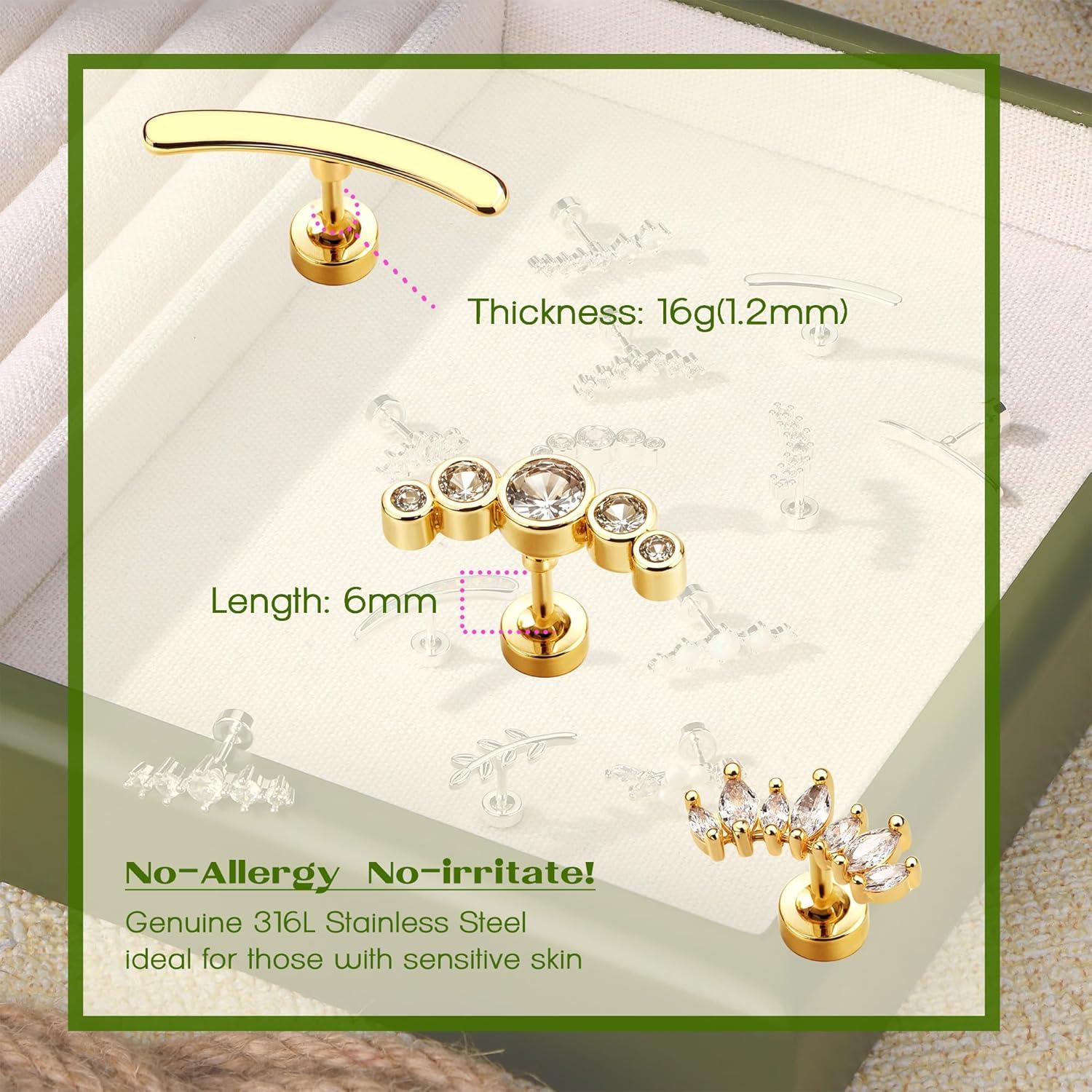 imageBodyBonita 3Pcs 16G Cartilage Earrings for Women 316L Surgical Steel Flat Back Earrings Piercings Opal CZ Stud Earrings Set Lobe Conch Helix Daith Tragus Jewelry Gold PlatedSilverGold Ball CZ