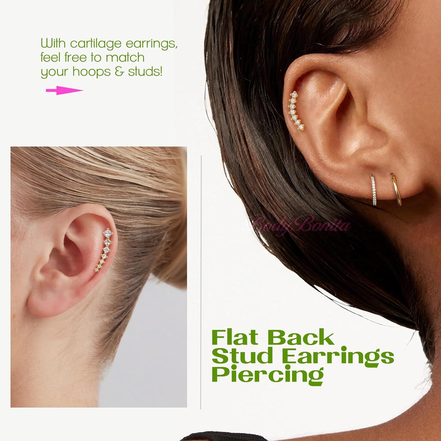 imageBodyBonita 3Pcs 16G Cartilage Earrings for Women 316L Surgical Steel Flat Back Earrings Piercings Opal CZ Stud Earrings Set Lobe Conch Helix Daith Tragus Jewelry Gold PlatedSilverGold CZ