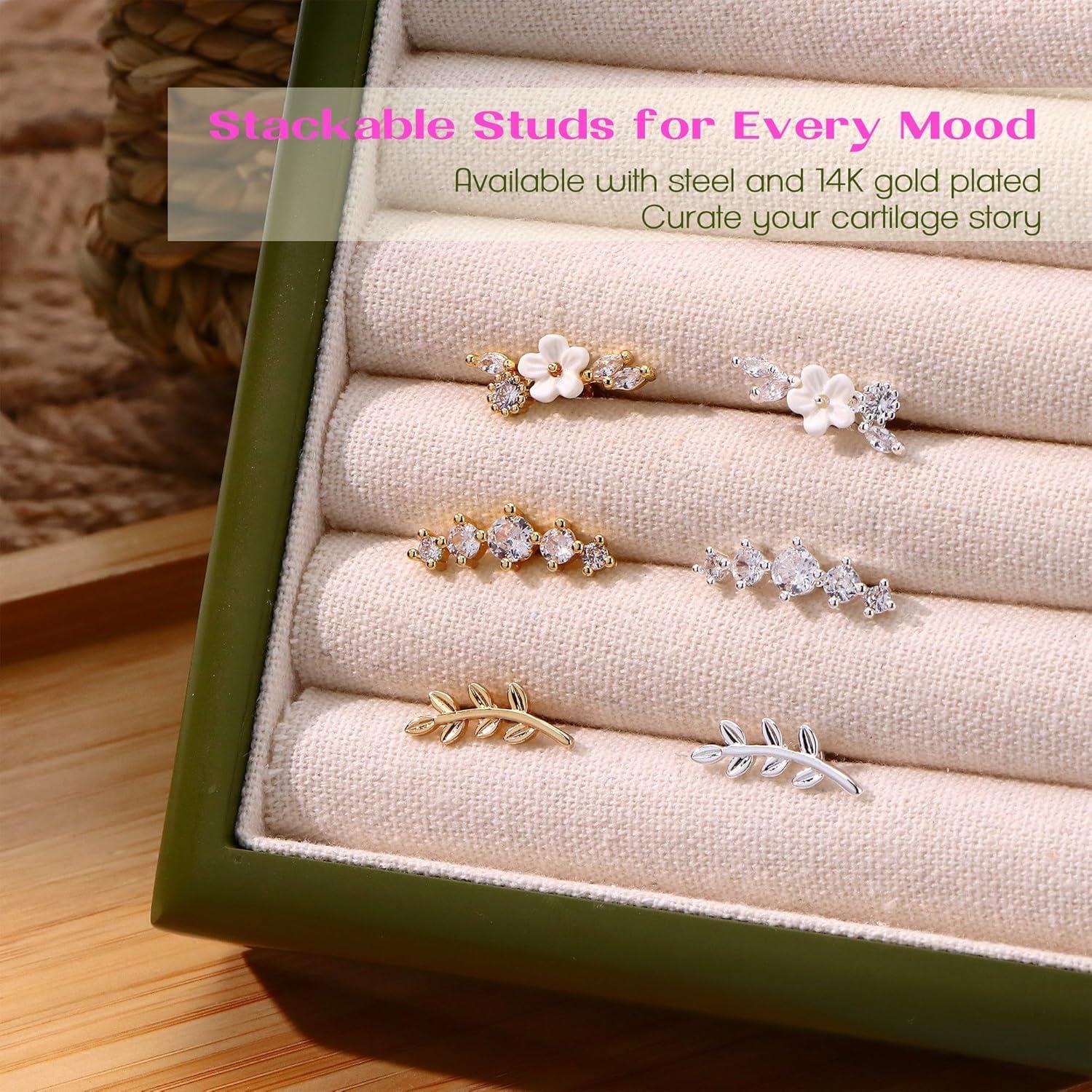 imageBodyBonita 3Pcs 16G Cartilage Earrings for Women 316L Surgical Steel Flat Back Earrings Piercings Opal CZ Stud Earrings Set Lobe Conch Helix Daith Tragus Jewelry Gold PlatedSilverGold FlowerCZ