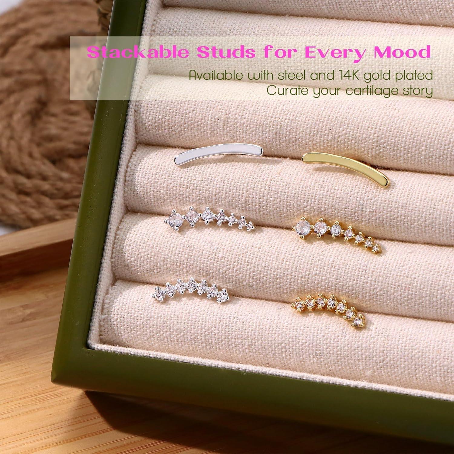 imageBodyBonita 3Pcs 16G Cartilage Earrings for Women 316L Surgical Steel Flat Back Earrings Piercings Opal CZ Stud Earrings Set Lobe Conch Helix Daith Tragus Jewelry Gold PlatedSilverGold CZ