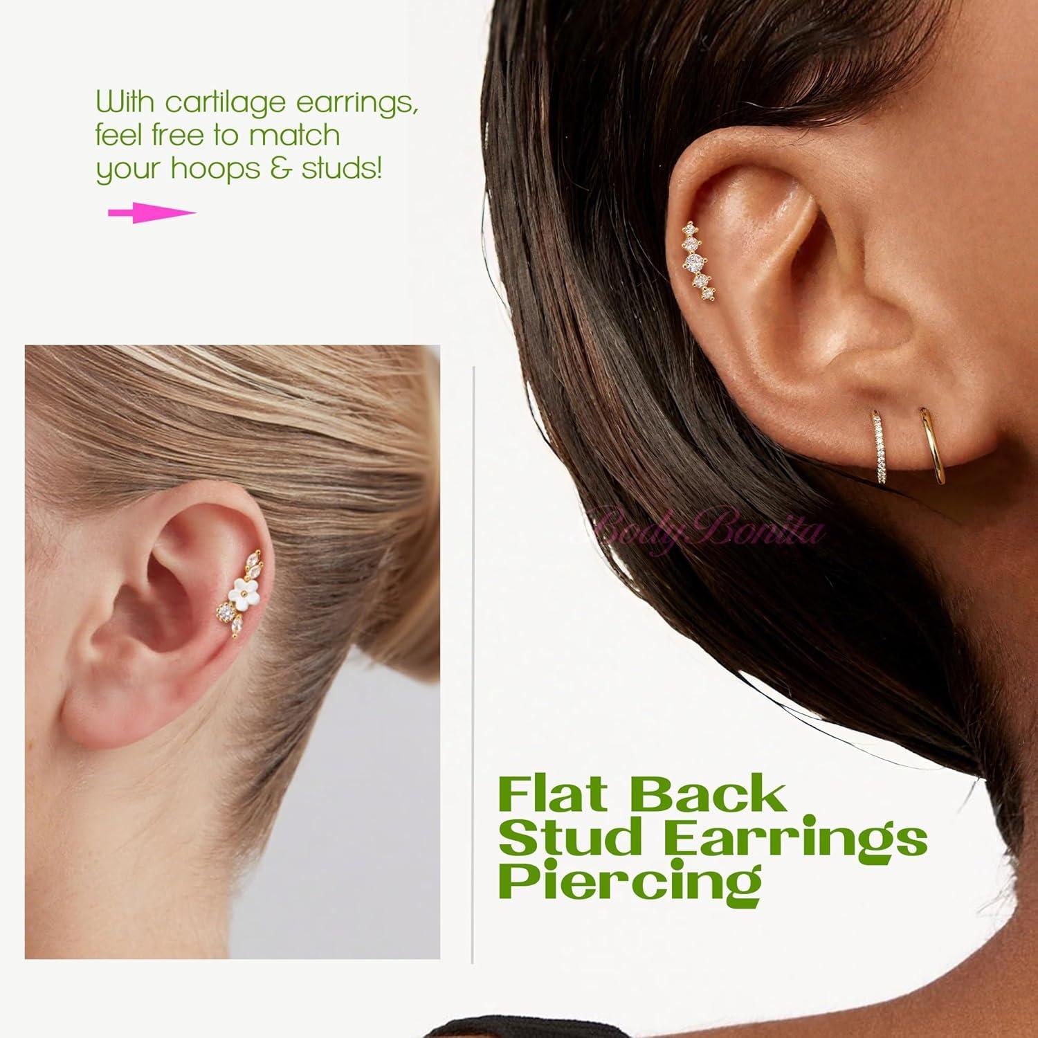 imageBodyBonita 3Pcs 16G Cartilage Earrings for Women 316L Surgical Steel Flat Back Earrings Piercings Opal CZ Stud Earrings Set Lobe Conch Helix Daith Tragus Jewelry Gold PlatedSilverGold FlowerCZ