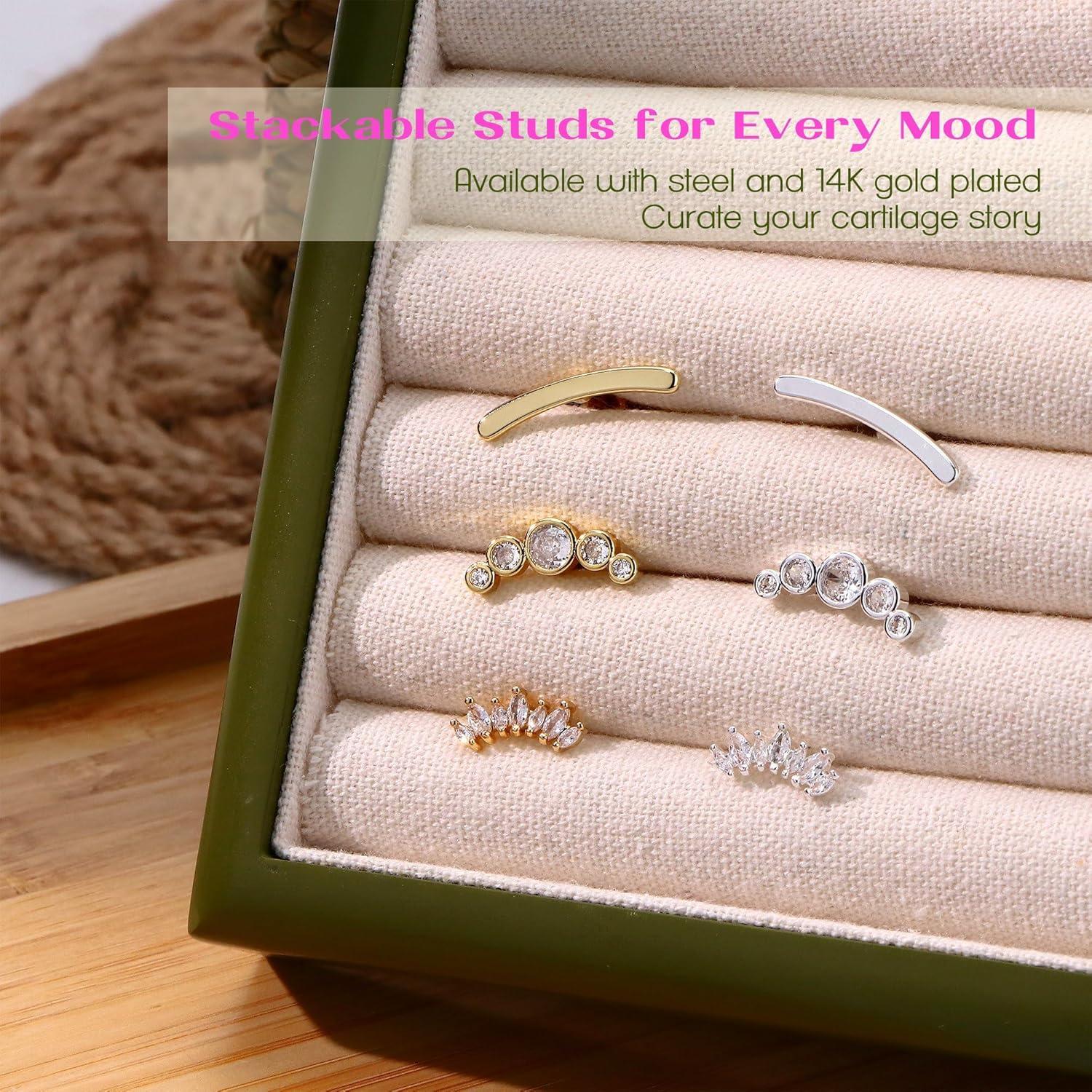imageBodyBonita 3Pcs 16G Cartilage Earrings for Women 316L Surgical Steel Flat Back Earrings Piercings Opal CZ Stud Earrings Set Lobe Conch Helix Daith Tragus Jewelry Gold PlatedSilverGold Ball CZ