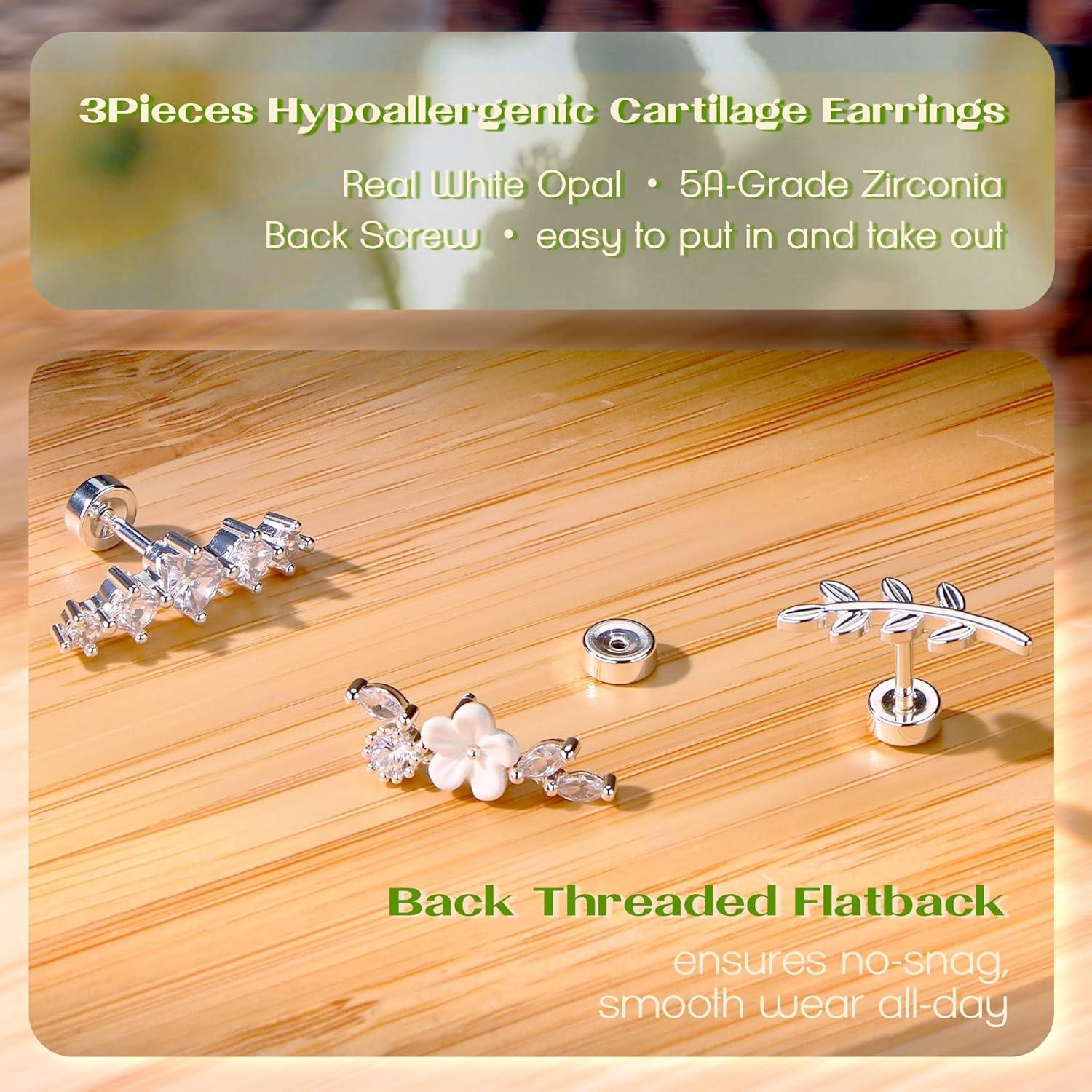 imageBodyBonita 3Pcs 16G Flat Back Earrings Piercings 316L Surgical Steel Cartilage Earrings for Women CZ Stud Earrings Set Lobe Conch Helix Daith Tragus Jewelry Silver Flower