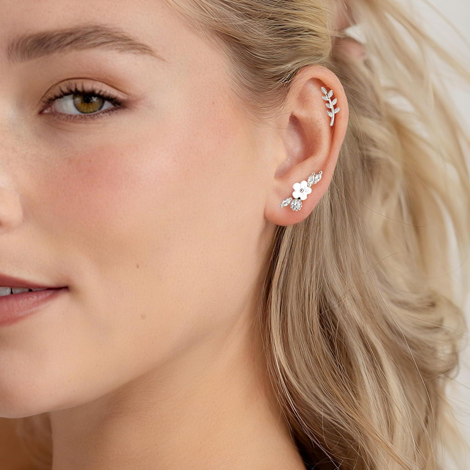 imageBodyBonita 3Pcs 16G Flat Back Earrings Piercings 316L Surgical Steel Cartilage Earrings for Women CZ Stud Earrings Set Lobe Conch Helix Daith Tragus Jewelry Silver Flower