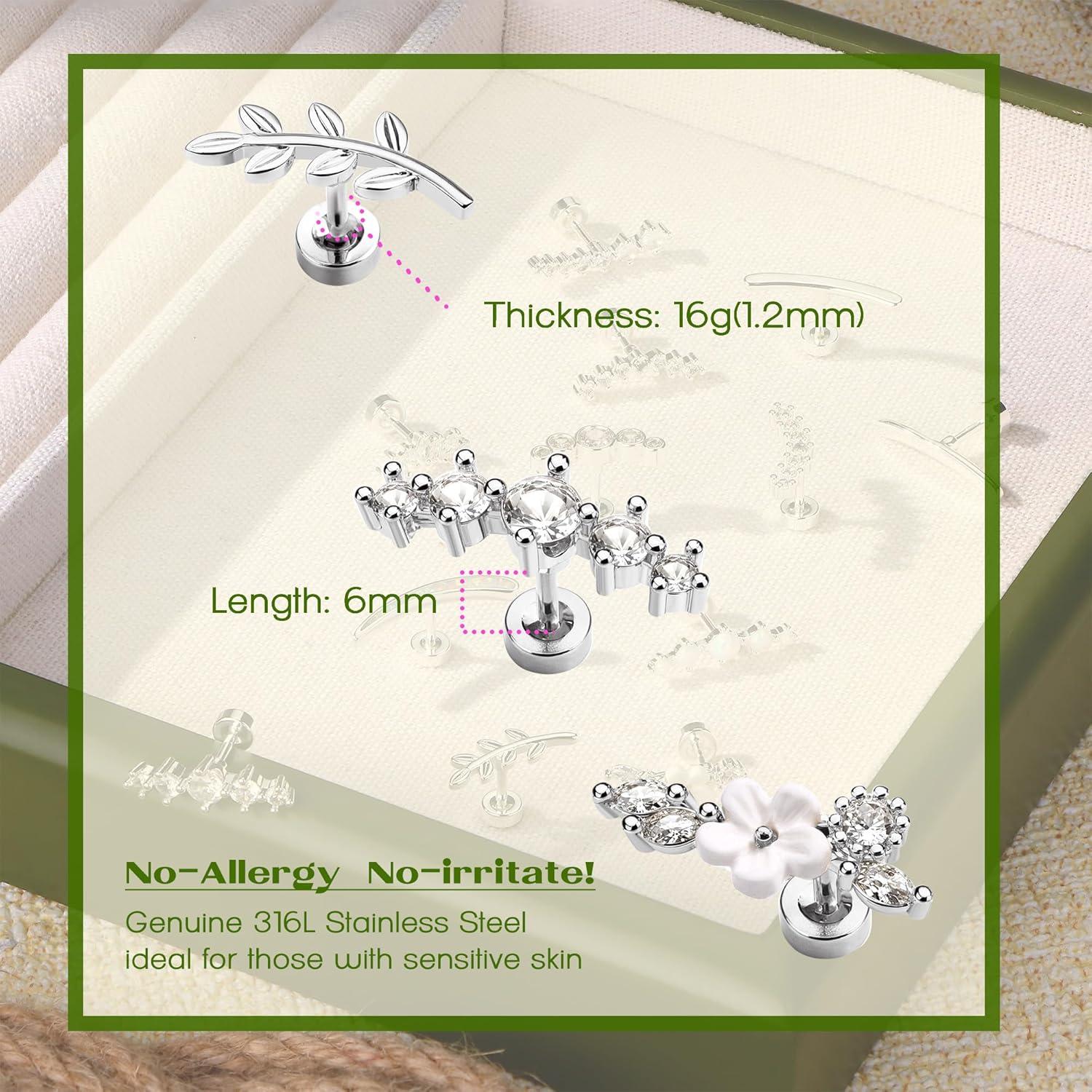 imageBodyBonita 3Pcs 16G Flat Back Earrings Piercings 316L Surgical Steel Cartilage Earrings for Women CZ Stud Earrings Set Lobe Conch Helix Daith Tragus Jewelry Silver Flower