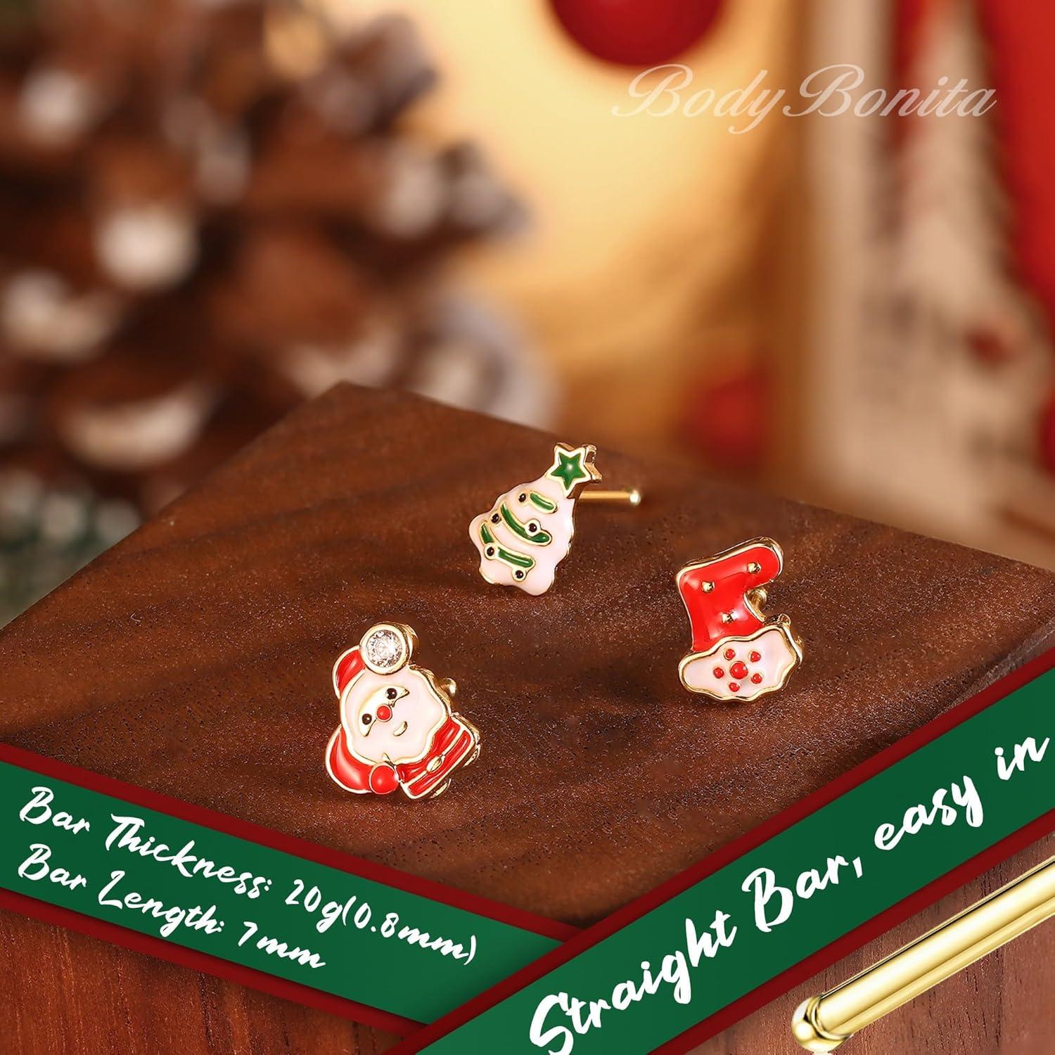 imageBodyBonita 3pcs 20G Nose Studs 316 Stainless Steel Christmas Nose Rings Studs LShaped Nose Piercings Bone Nose Stud CZ Nostril Daith Tragus Piercing Jewelry for Women MenStyle120GGold