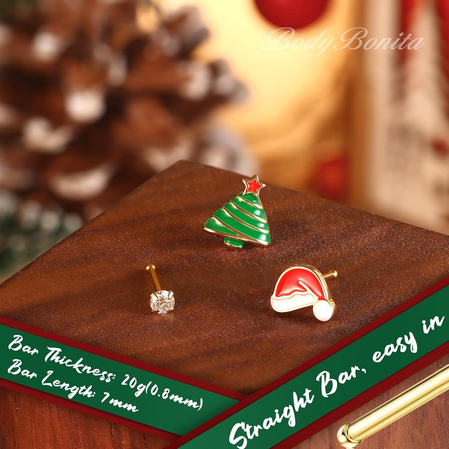 imageBodyBonita 3pcs 20G Nose Studs 316 Stainless Steel Christmas Nose Rings Studs LShaped Nose Piercings Bone Nose Stud CZ Nostril Daith Tragus Piercing Jewelry for Women MenStyle220GGold