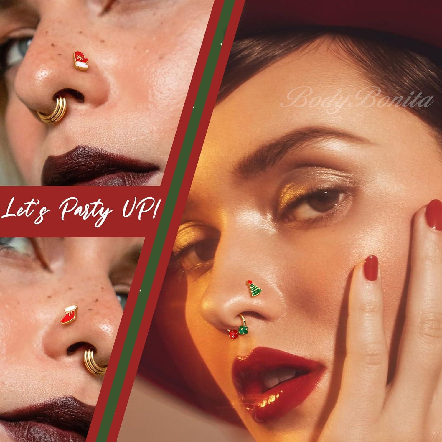 imageBodyBonita 3pcs 20G Nose Studs 316 Stainless Steel Christmas Nose Rings Studs LShaped Nose Piercings Bone Nose Stud CZ Nostril Daith Tragus Piercing Jewelry for Women MenStyle520GGold