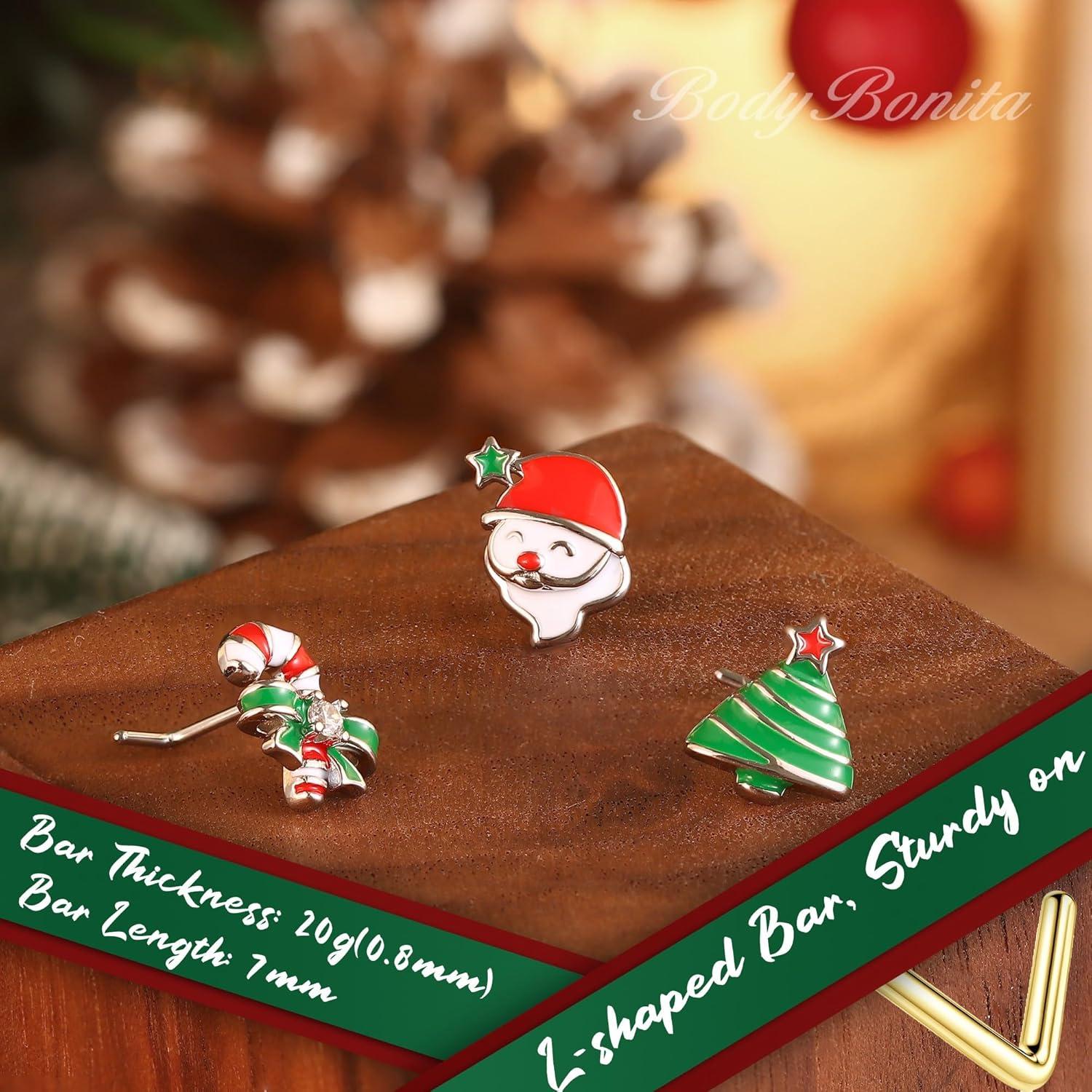 imageBodyBonita 3pcs 20G Nose Studs 316 Stainless Steel Christmas Nose Rings Studs LShaped Nose Piercings Bone Nose Stud CZ Nostril Daith Tragus Piercing Jewelry for Women MenStyle320GSilver