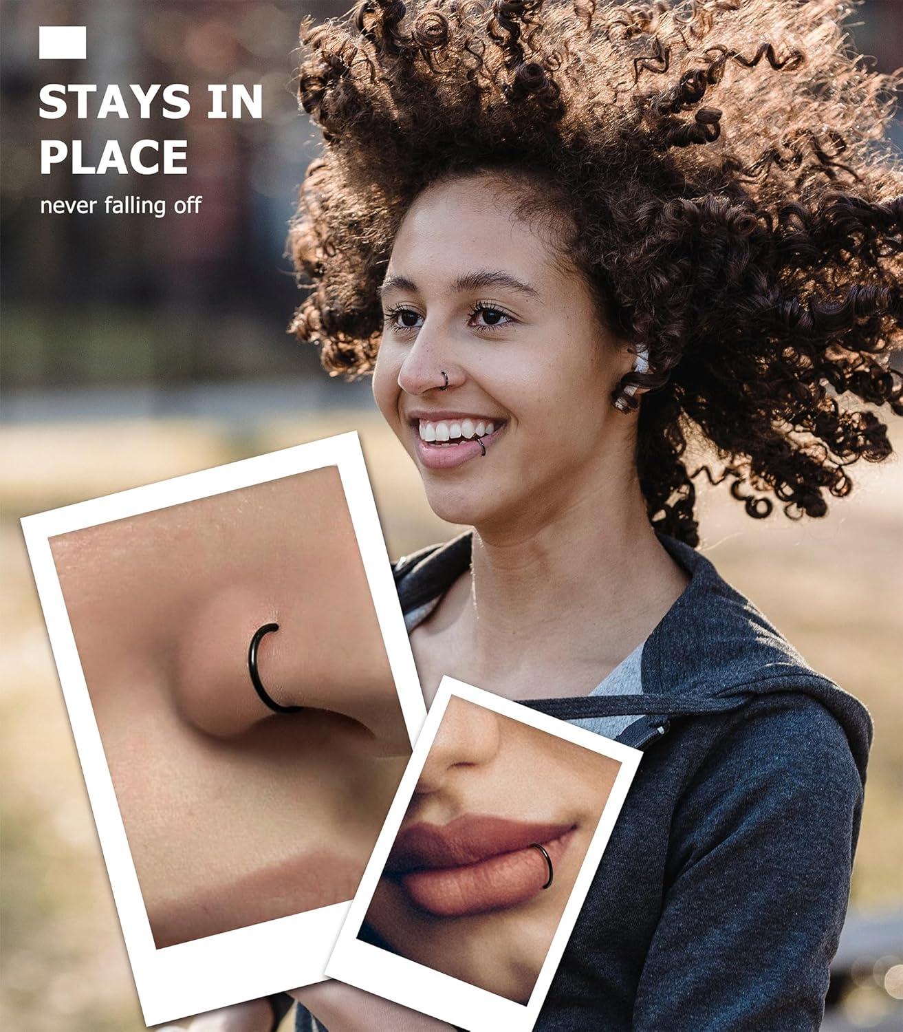 imageBodyBonita 458 pcs 16G18G20G 316L Surgical Steel Hinged Nose Rings Hoops Lip Septum Rings Helix Conch Rook Cartilage Tragus Earrings Piercing Jewelry Black Silver Gold Plated Nose Rings Women MenBlack 16G 6mm12mm 8PCs