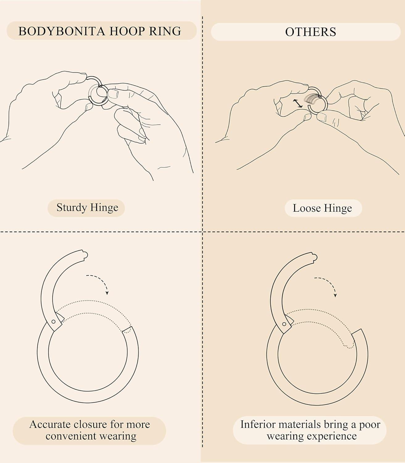 imageBodyBonita 458 pcs 16G18G20G 316L Surgical Steel Hinged Nose Rings Hoops Lip Septum Rings Helix Conch Rook Cartilage Tragus Earrings Piercing Jewelry Black Silver Gold Plated Nose Rings Women MenGold and Silver 16G 6mm12mm 8PCs