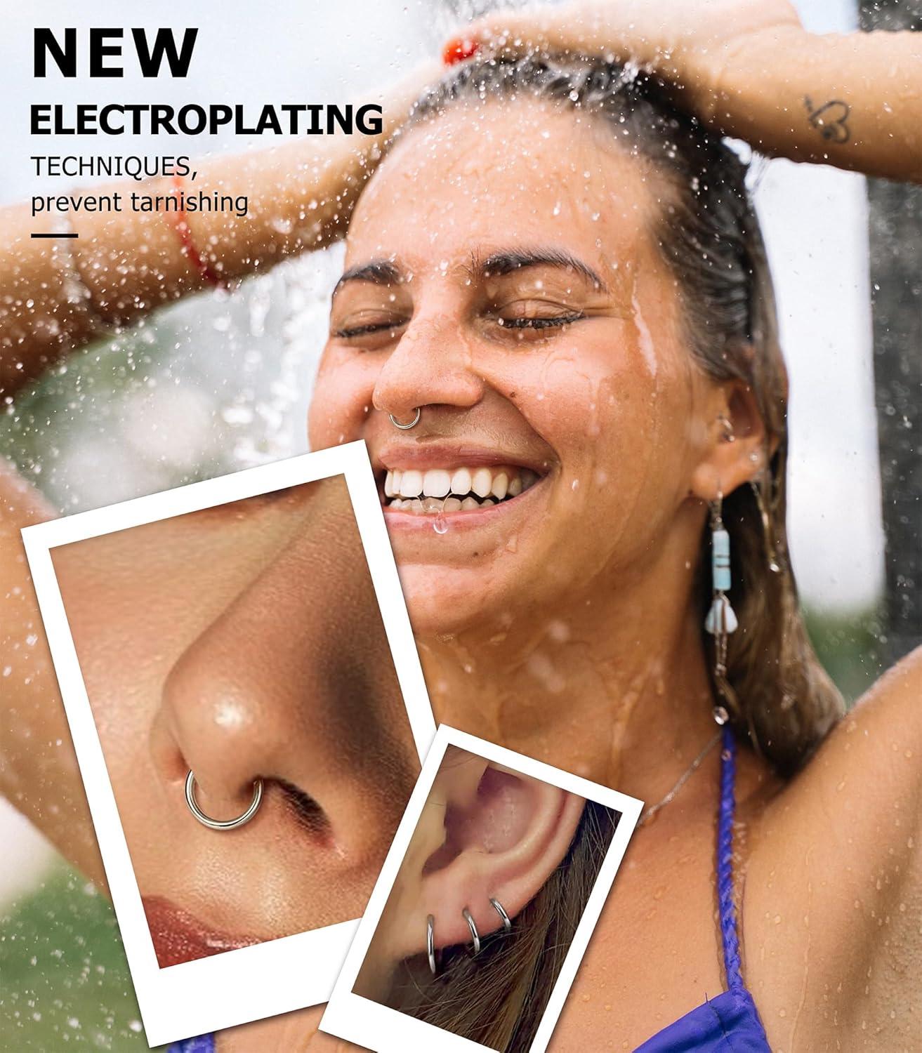 imageBodyBonita 458 pcs 16G18G20G 316L Surgical Steel Hinged Nose Rings Hoops Lip Septum Rings Helix Conch Rook Cartilage Tragus Earrings Piercing Jewelry Black Silver Gold Plated Nose Rings Women MenBlack 16G 6mm12mm 8PCs