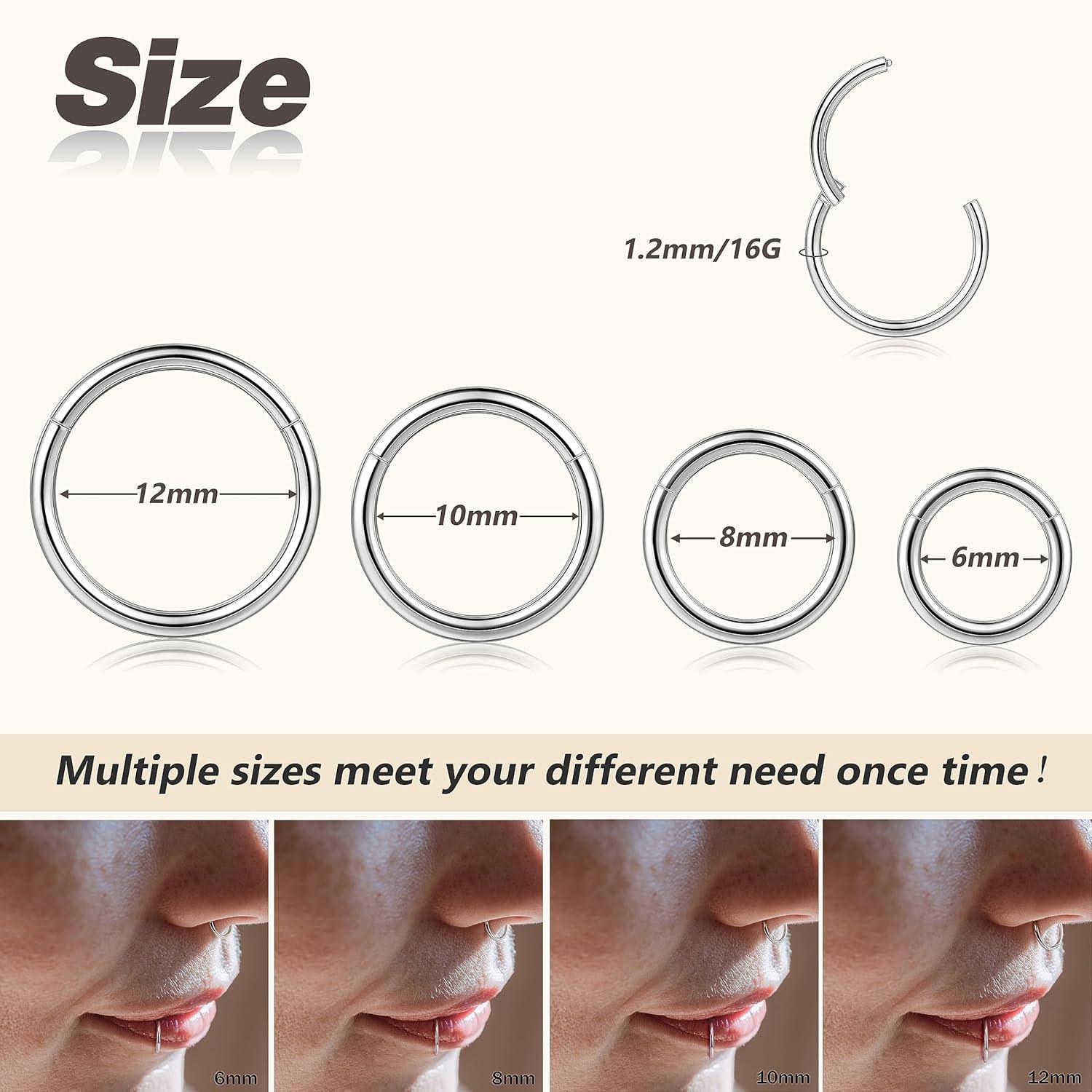 imageBodyBonita 458 pcs 16G18G20G 316L Surgical Steel Hinged Nose Rings Hoops Lip Septum Rings Helix Conch Rook Cartilage Tragus Earrings Piercing Jewelry Black Silver Gold Plated Nose Rings Women MenGold and Silver 16G 6mm12mm 8PCs