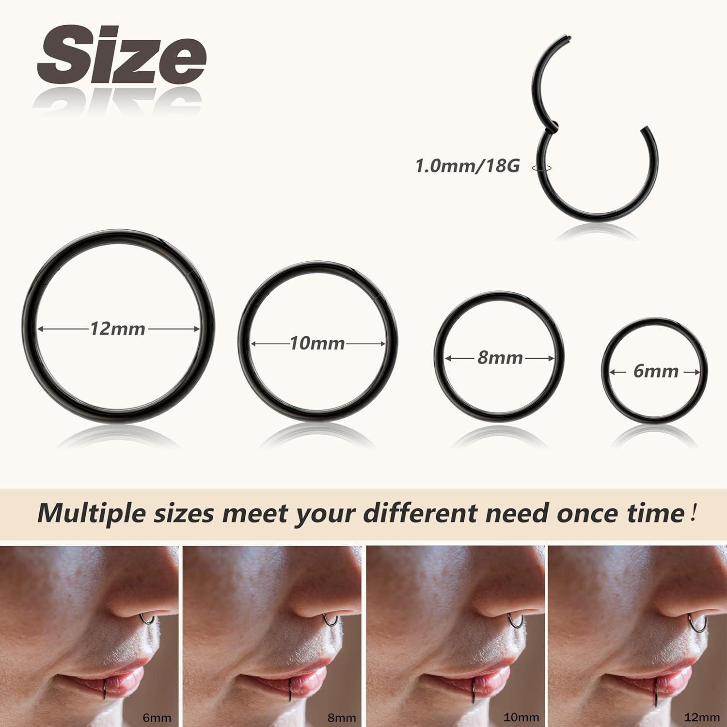 imageBodyBonita 458 pcs 16G18G20G 316L Surgical Steel Hinged Nose Rings Hoops Lip Septum Rings Helix Conch Rook Cartilage Tragus Earrings Piercing Jewelry Black Silver Gold Plated Nose Rings Women MenBlack and Silver 18G 6mm12mm 18G