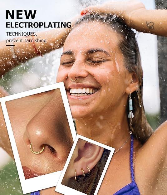 imageBodyBonita 458 pcs 16G18G20G 316L Surgical Steel Hinged Nose Rings Hoops Lip Septum Rings Helix Conch Rook Cartilage Tragus Earrings Piercing Jewelry Black Silver Gold Plated Nose Rings Women MenGold 20G 7mm10mm 4PCs