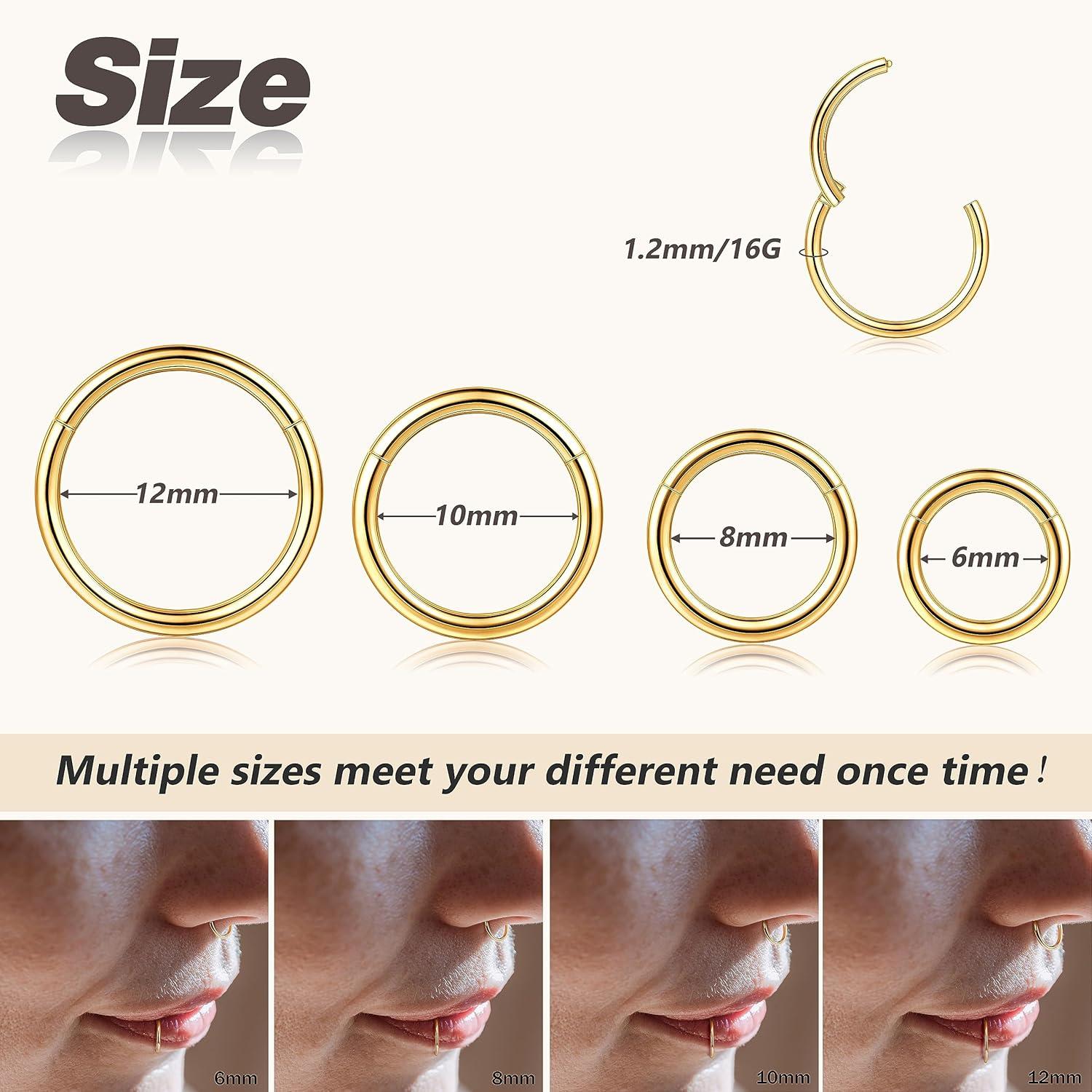 imageBodyBonita 458 pcs 16G18G20G 316L Surgical Steel Hinged Nose Rings Hoops Lip Septum Rings Helix Conch Rook Cartilage Tragus Earrings Piercing Jewelry Black Silver Gold Plated Nose Rings Women MenGold 16G 6mm12mm 8PCs
