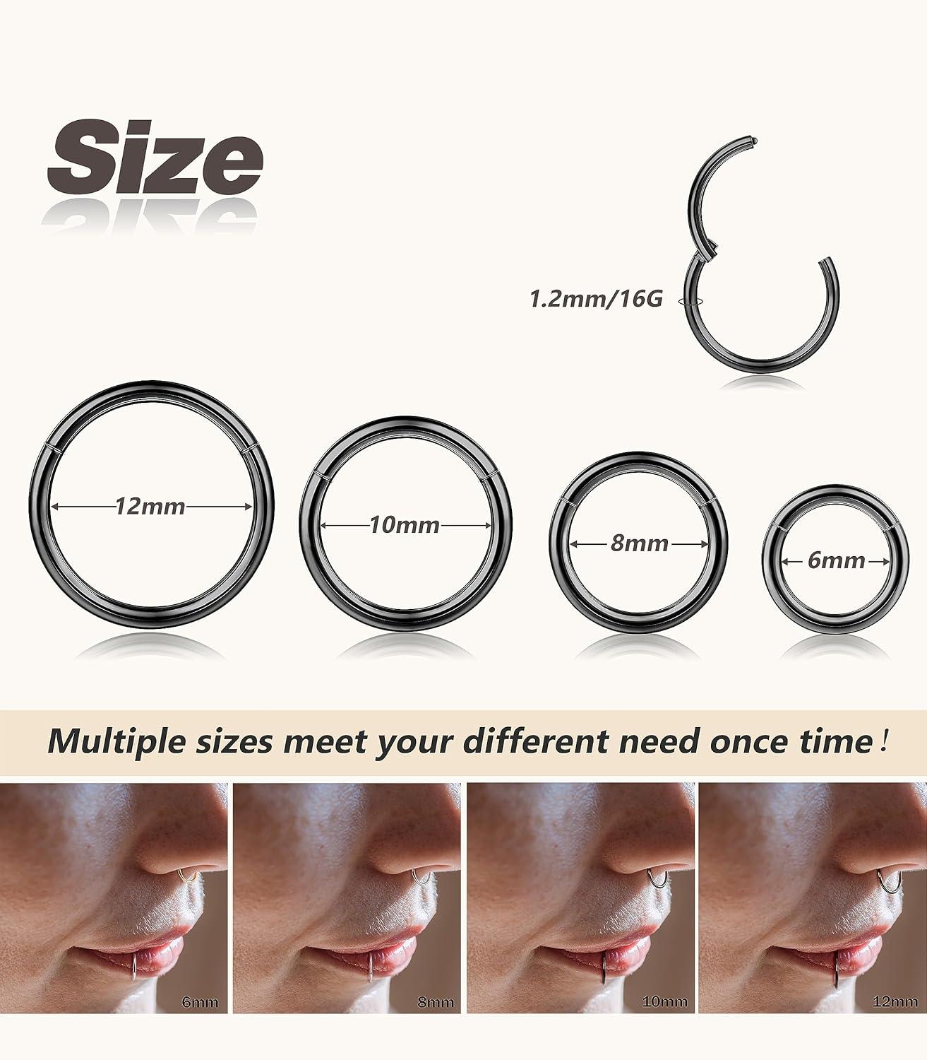 imageBodyBonita 458 pcs 16G18G20G 316L Surgical Steel Hinged Nose Rings Hoops Lip Septum Rings Helix Conch Rook Cartilage Tragus Earrings Piercing Jewelry Black Silver Gold Plated Nose Rings Women MenBlack and Silver 16G 6mm12mm 8PCs