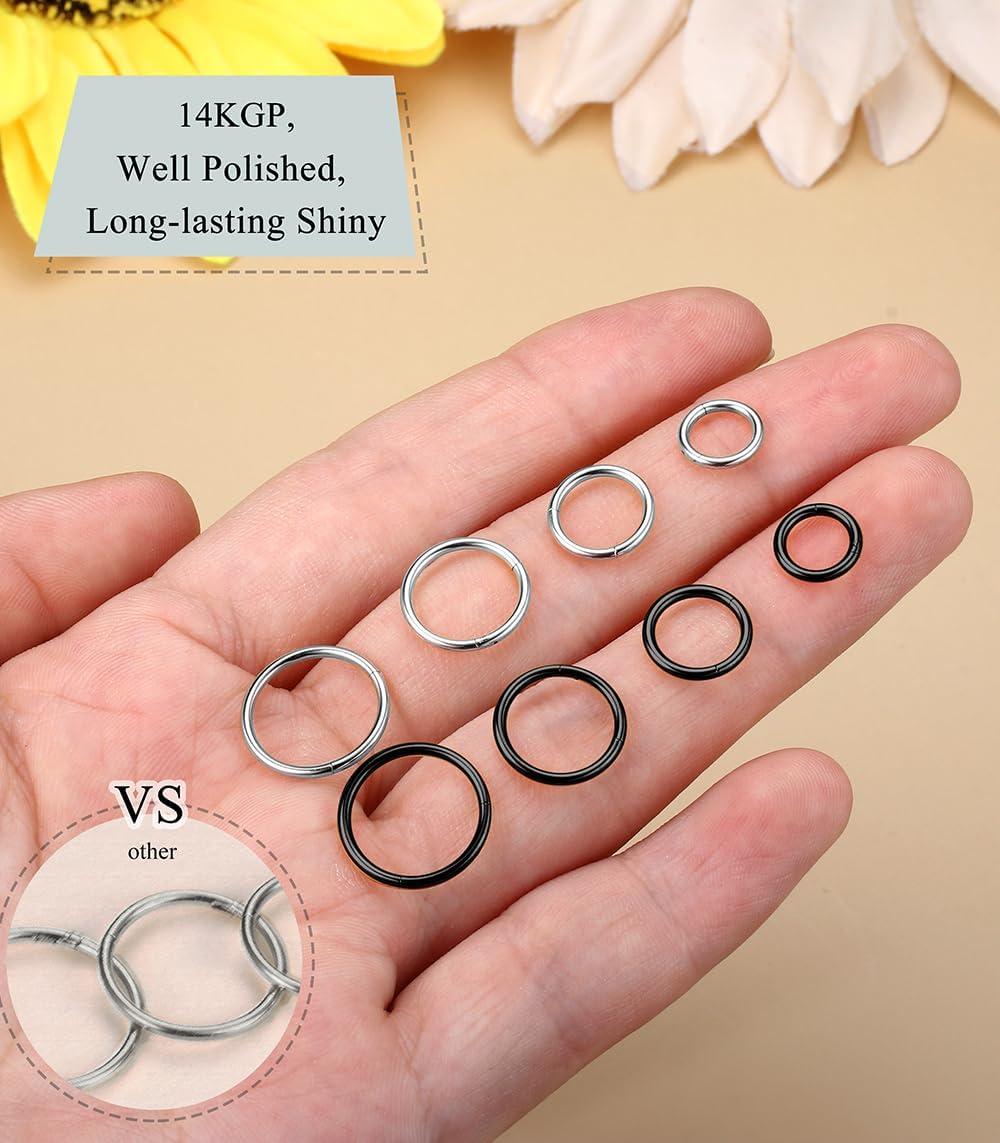 imageBodyBonita 458 pcs 16G18G20G 316L Surgical Steel Hinged Nose Rings Hoops Lip Septum Rings Helix Conch Rook Cartilage Tragus Earrings Piercing Jewelry Black Silver Gold Plated Nose Rings Women MenBlack and Silver 16G 6mm12mm 8PCs