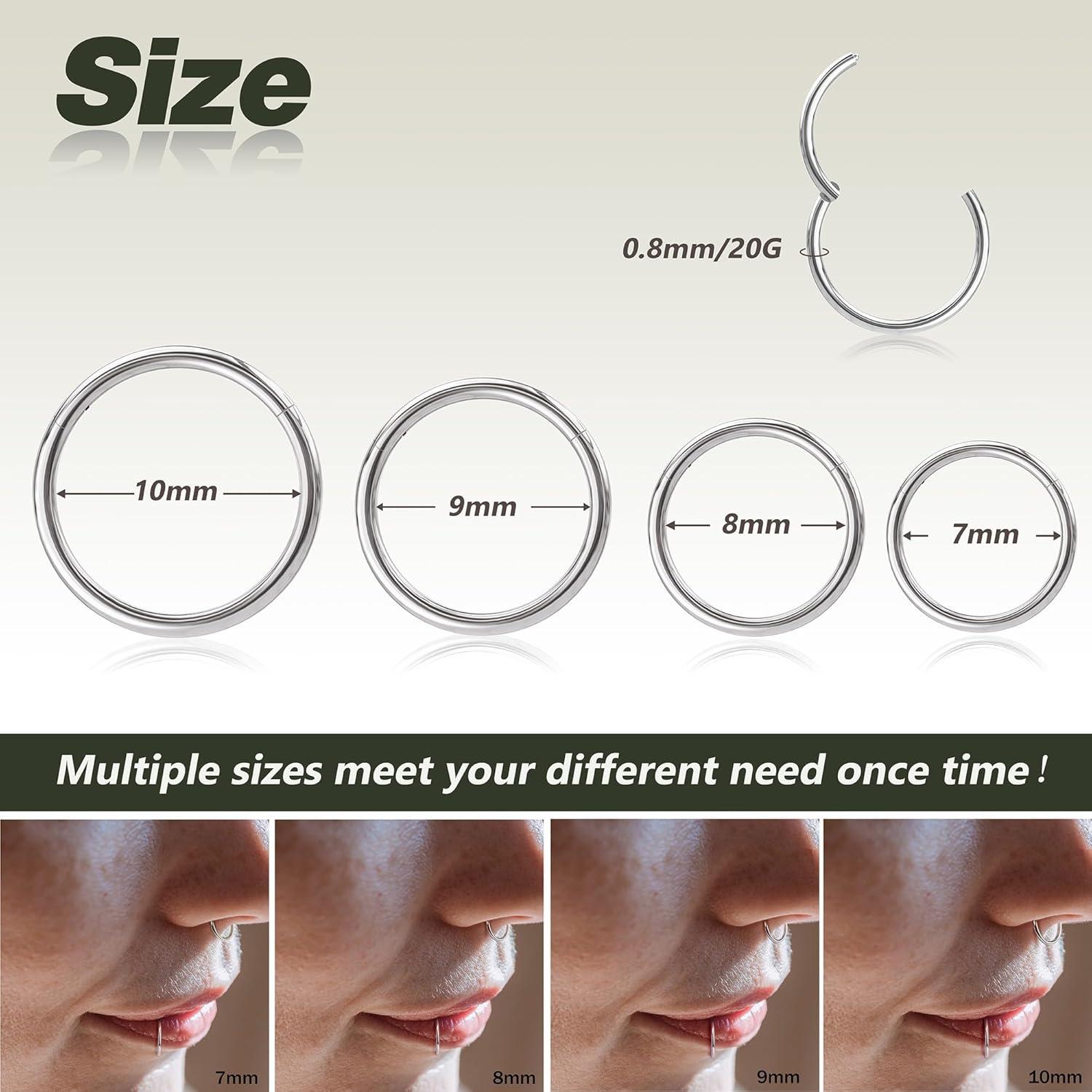 imageBodyBonita 458 pcs 16G18G20G 316L Surgical Steel Hinged Nose Rings Hoops Lip Septum Rings Helix Conch Rook Cartilage Tragus Earrings Piercing Jewelry Black Silver Gold Plated Nose Rings Women MenSilver 20G 7mm10mm 4PCs