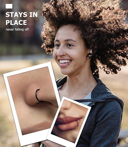 imageBodyBonita 458 pcs 16G18G20G 316L Surgical Steel Hinged Nose Rings Hoops Lip Septum Rings Helix Conch Rook Cartilage Tragus Earrings Piercing Jewelry Black Silver Gold Plated Nose Rings Women MenSilver 20G 7mm10mm 4PCs