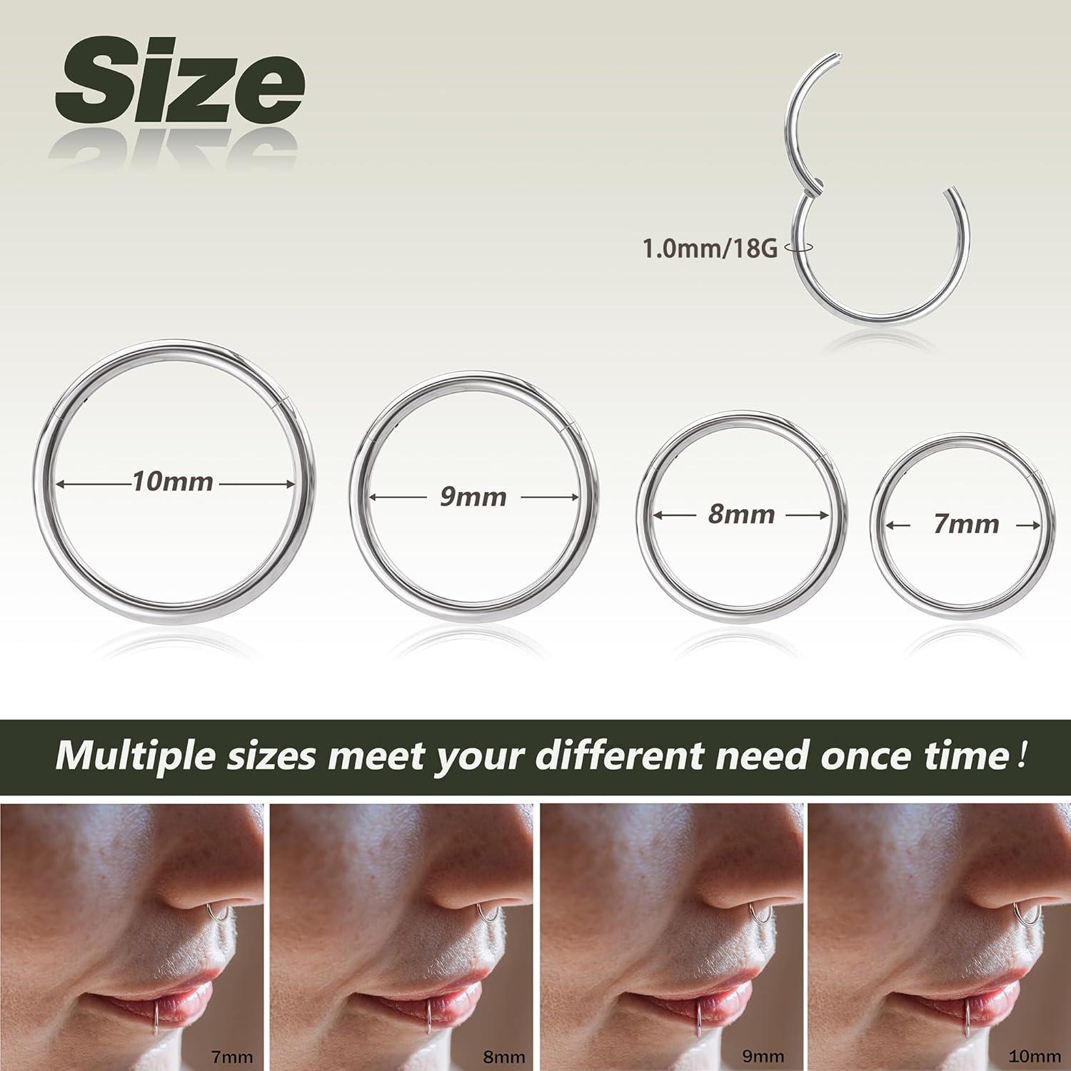 imageBodyBonita 458 pcs 16G18G20G 316L Surgical Steel Hinged Nose Rings Hoops Lip Septum Rings Helix Conch Rook Cartilage Tragus Earrings Piercing Jewelry Black Silver Gold Plated Nose Rings Women MenSilver 18G 7mm10mm 4PCs