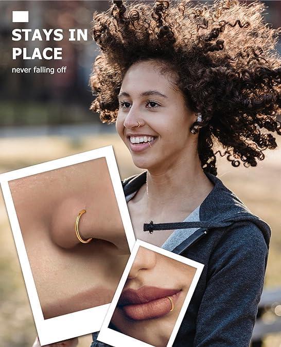 imageBodyBonita 458 pcs 16G18G20G 316L Surgical Steel Hinged Nose Rings Hoops Lip Septum Rings Helix Conch Rook Cartilage Tragus Earrings Piercing Jewelry Black Silver Gold Plated Nose Rings Women MenRose gold18G7mm10mm4PCs