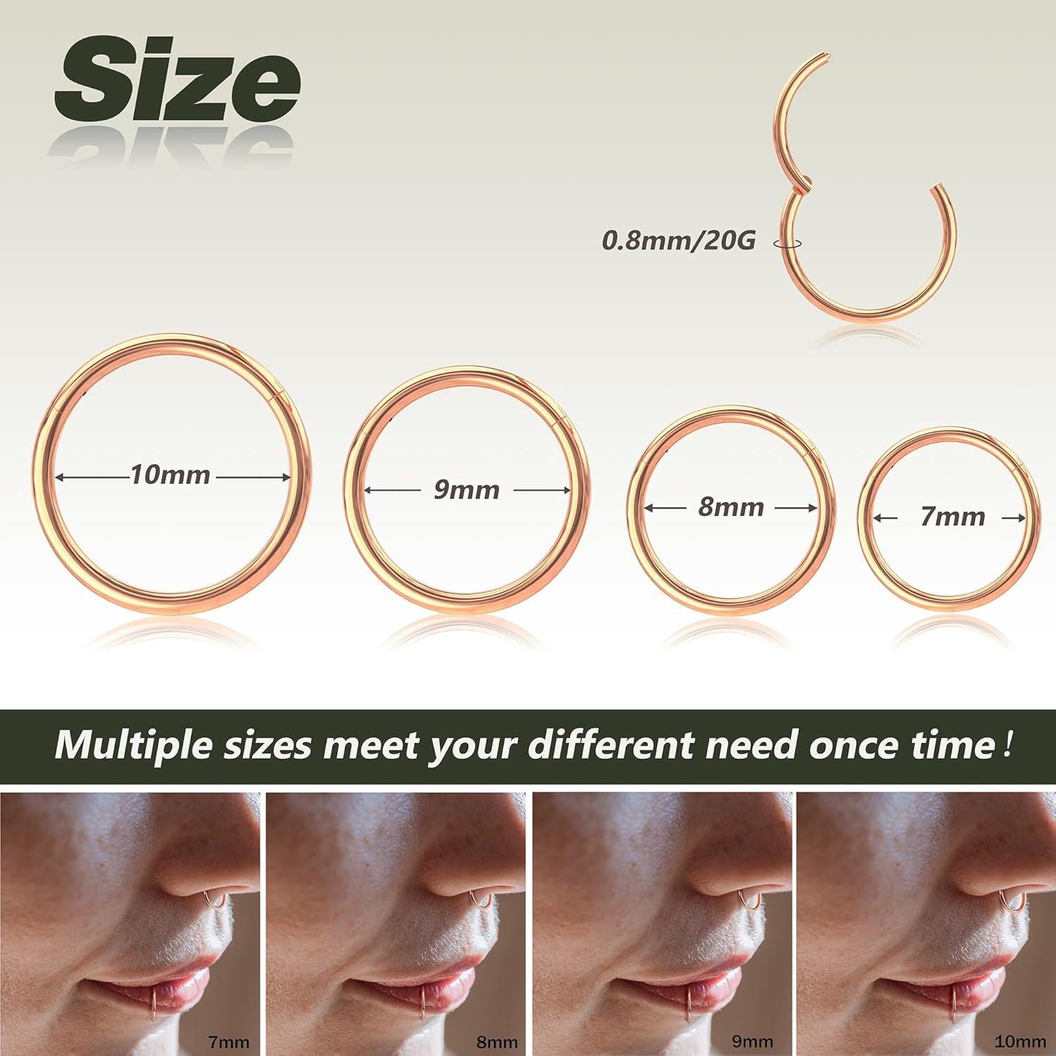 imageBodyBonita 458 pcs 16G18G20G 316L Surgical Steel Hinged Nose Rings Hoops Lip Septum Rings Helix Conch Rook Cartilage Tragus Earrings Piercing Jewelry Black Silver Gold Plated Nose Rings Women MenRose gold20G7mm10mm4PCs