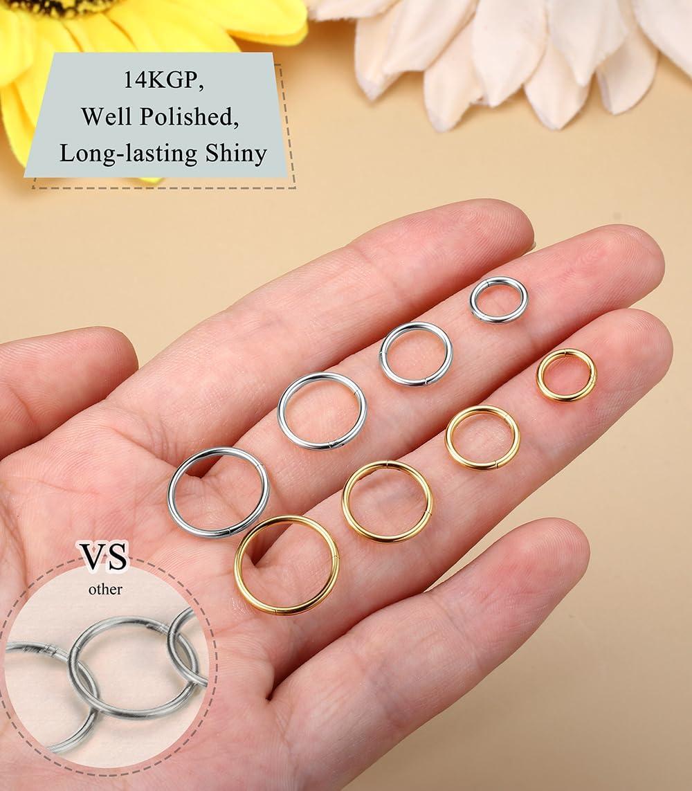 imageBodyBonita 458 pcs 16G18G20G 316L Surgical Steel Hinged Nose Rings Hoops Lip Septum Rings Helix Conch Rook Cartilage Tragus Earrings Piercing Jewelry Black Silver Gold Plated Nose Rings Women MenGold and Silver 16G 6mm12mm 8PCs
