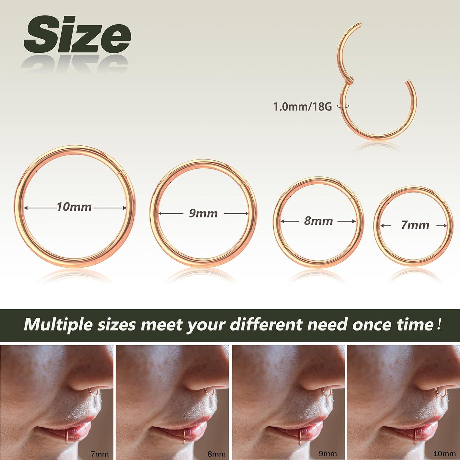 imageBodyBonita 458 pcs 16G18G20G 316L Surgical Steel Hinged Nose Rings Hoops Lip Septum Rings Helix Conch Rook Cartilage Tragus Earrings Piercing Jewelry Black Silver Gold Plated Nose Rings Women MenRose gold18G7mm10mm4PCs
