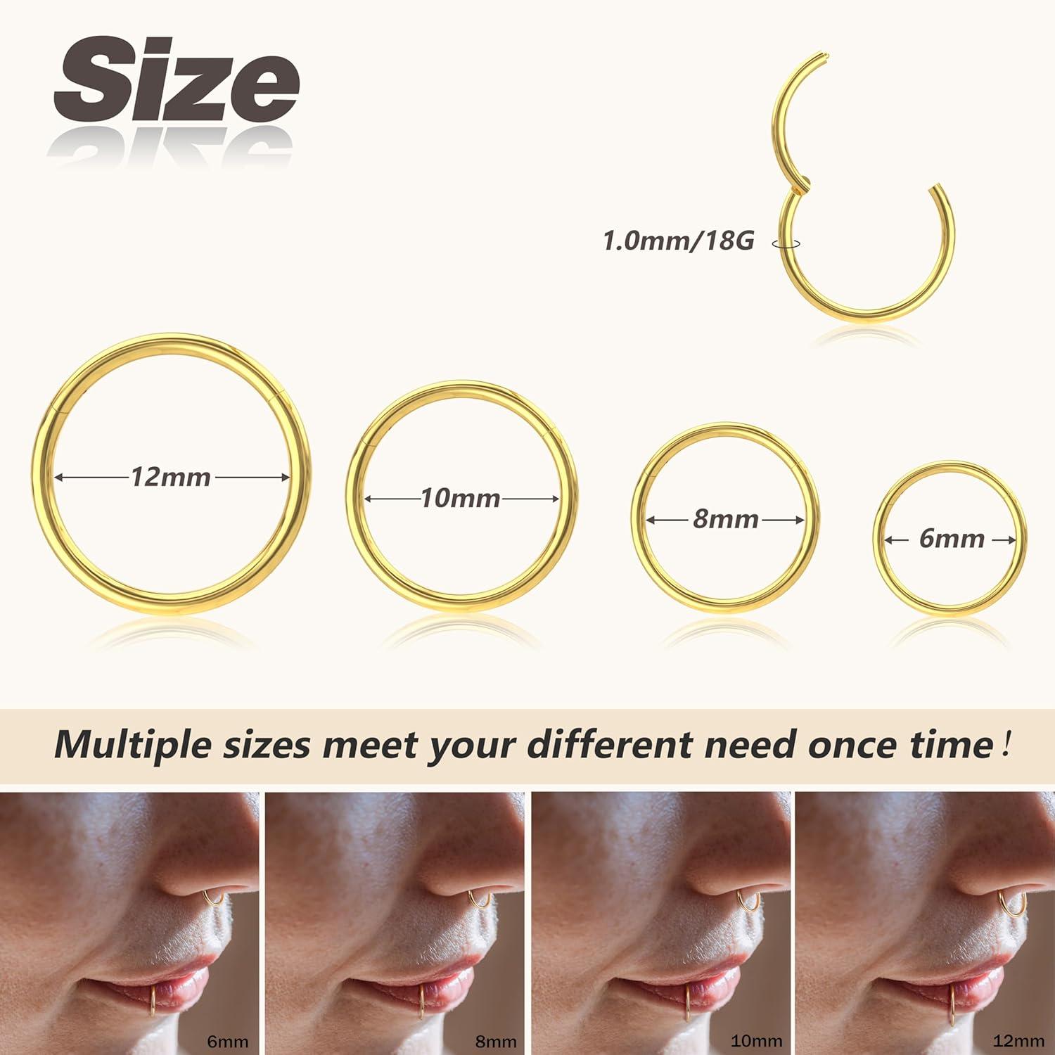 imageBodyBonita 458 pcs 16G18G20G 316L Surgical Steel Hinged Nose Rings Hoops Lip Septum Rings Helix Conch Rook Cartilage Tragus Earrings Piercing Jewelry Black Silver Gold Plated Nose Rings Women MenGold 18G 6mm12mm 8PCs