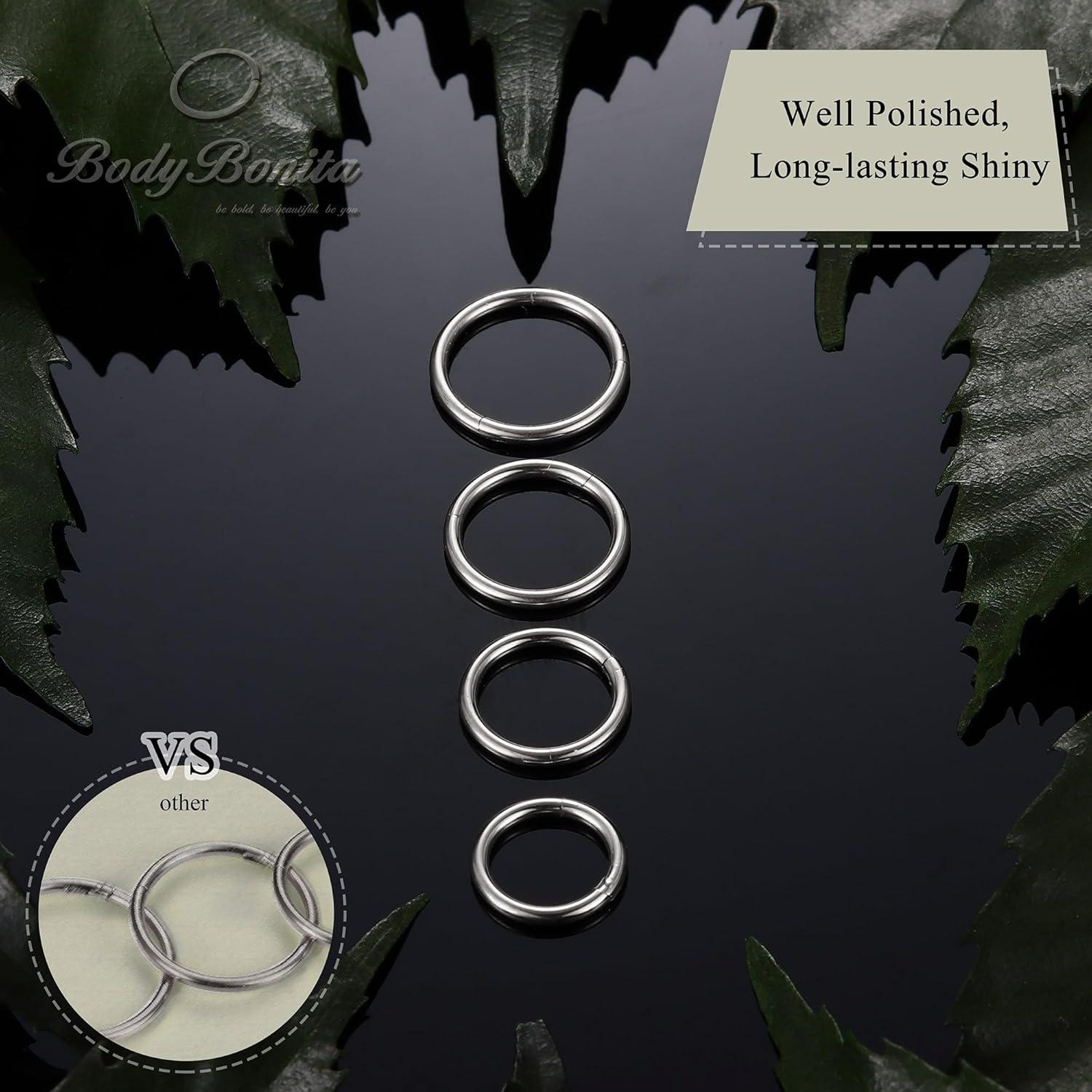 imageBodyBonita 458 pcs 16G18G20G 316L Surgical Steel Hinged Nose Rings Hoops Lip Septum Rings Helix Conch Rook Cartilage Tragus Earrings Piercing Jewelry Black Silver Gold Plated Nose Rings Women MenSilver 20G 7mm10mm 4PCs