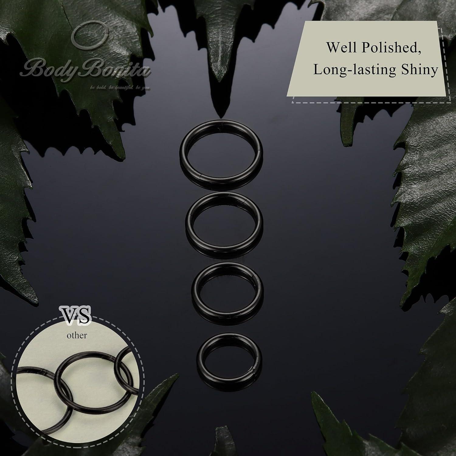 imageBodyBonita 458 pcs 16G18G20G 316L Surgical Steel Hinged Nose Rings Hoops Lip Septum Rings Helix Conch Rook Cartilage Tragus Earrings Piercing Jewelry Black Silver Gold Plated Nose Rings Women MenBlack 20G 7mm10mm 4PCs