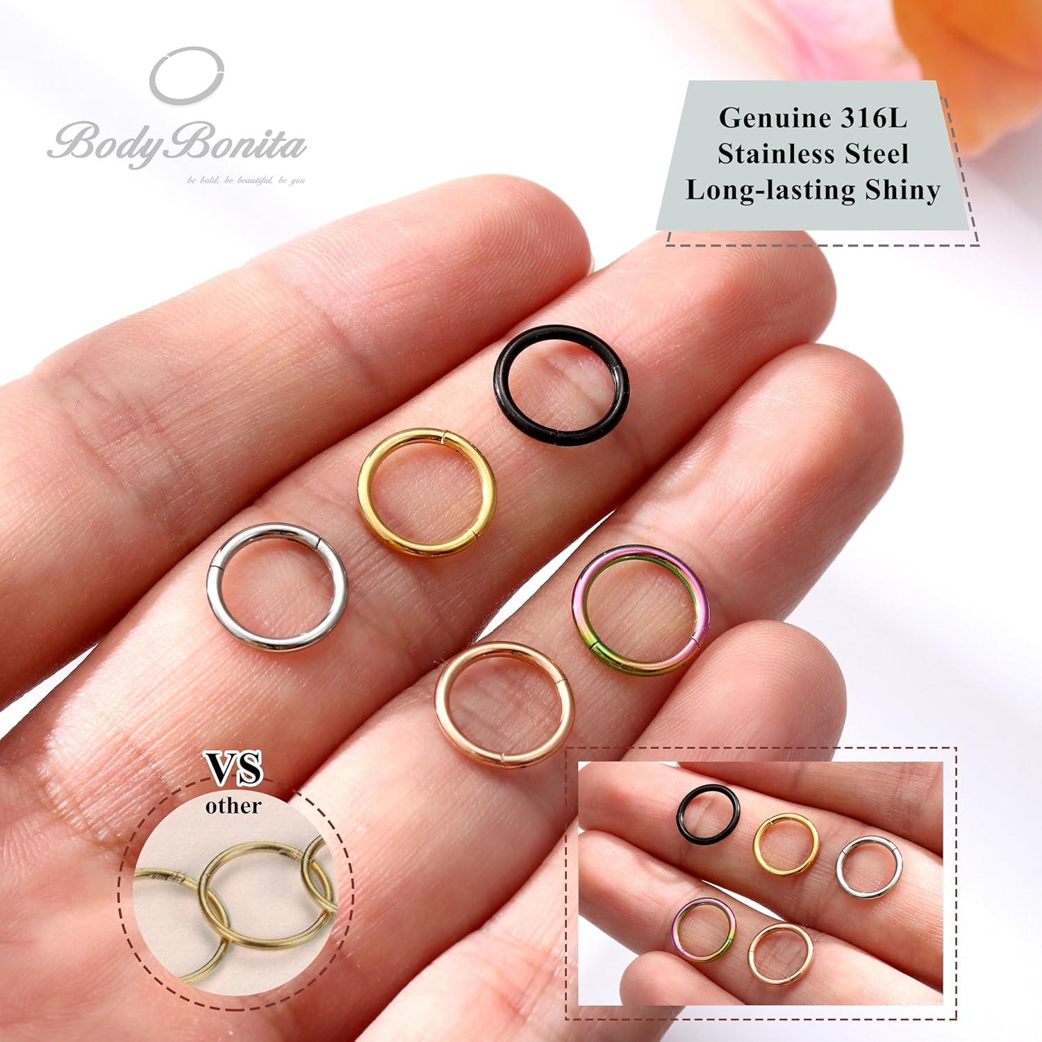 imageBodyBonita 458 pcs 16G18G20G 316L Surgical Steel Hinged Nose Rings Hoops Lip Septum Rings Helix Conch Rook Cartilage Tragus Earrings Piercing Jewelry Black Silver Gold Plated Nose Rings Women MenMixed 18G 8mm 5PCs