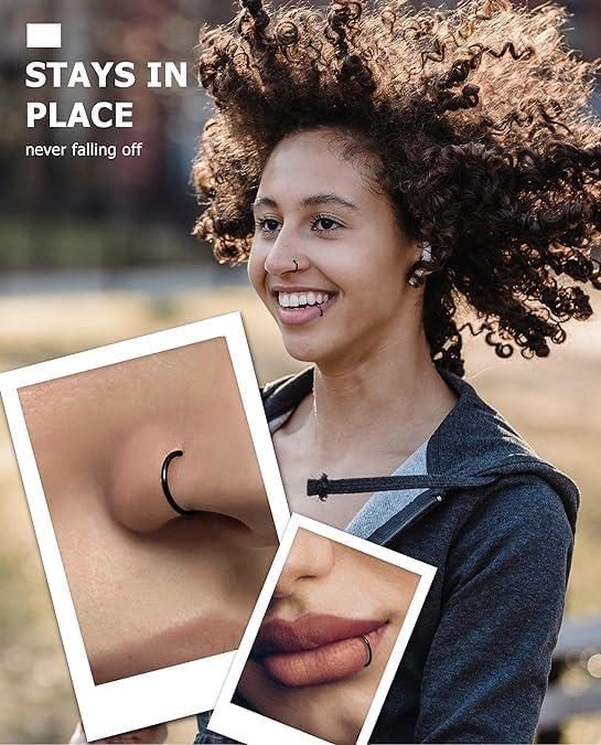 imageBodyBonita 458 pcs 16G18G20G 316L Surgical Steel Hinged Nose Rings Hoops Lip Septum Rings Helix Conch Rook Cartilage Tragus Earrings Piercing Jewelry Black Silver Gold Plated Nose Rings Women MenBlack 20G 7mm10mm 4PCs