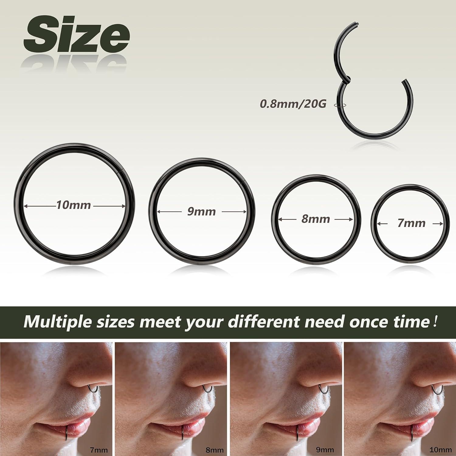 imageBodyBonita 458 pcs 16G18G20G 316L Surgical Steel Hinged Nose Rings Hoops Lip Septum Rings Helix Conch Rook Cartilage Tragus Earrings Piercing Jewelry Black Silver Gold Plated Nose Rings Women MenBlack 20G 7mm10mm 4PCs