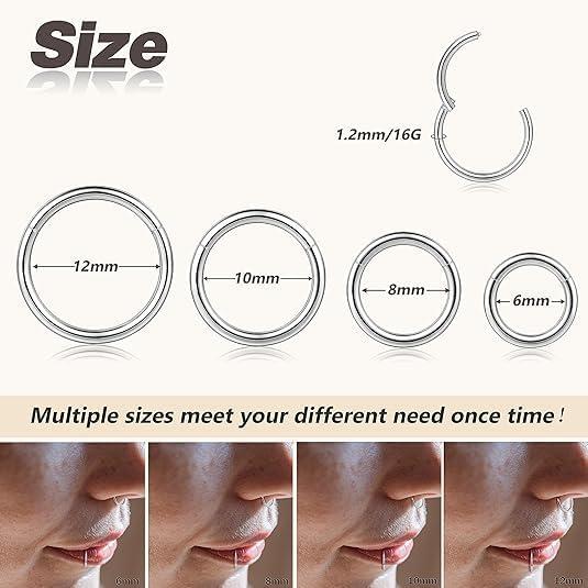imageBodyBonita 458 pcs 16G18G20G 316L Surgical Steel Hinged Nose Rings Hoops Lip Septum Rings Helix Conch Rook Cartilage Tragus Earrings Piercing Jewelry Black Silver Gold Plated Nose Rings Women MenSilver 16G 6mm12mm 8PCs