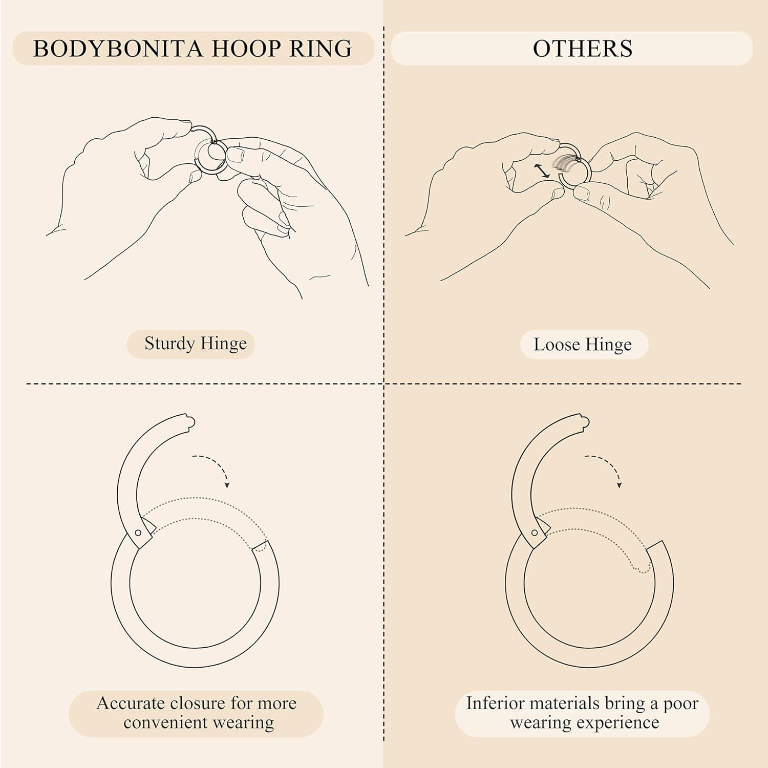 imageBodyBonita 458 pcs 16G18G20G 316L Surgical Steel Hinged Nose Rings Hoops Lip Septum Rings Helix Conch Rook Cartilage Tragus Earrings Piercing Jewelry Black Silver Gold Plated Nose Rings Women MenGold and Silver 18G 6mm12mm 8PCs