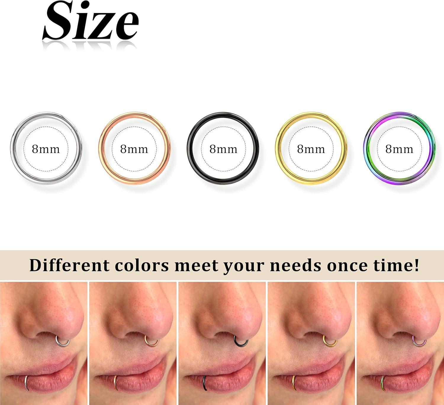 imageBodyBonita 458 pcs 16G18G20G 316L Surgical Steel Hinged Nose Rings Hoops Lip Septum Rings Helix Conch Rook Cartilage Tragus Earrings Piercing Jewelry Black Silver Gold Plated Nose Rings Women MenMixed 20G 8mm 5PCs