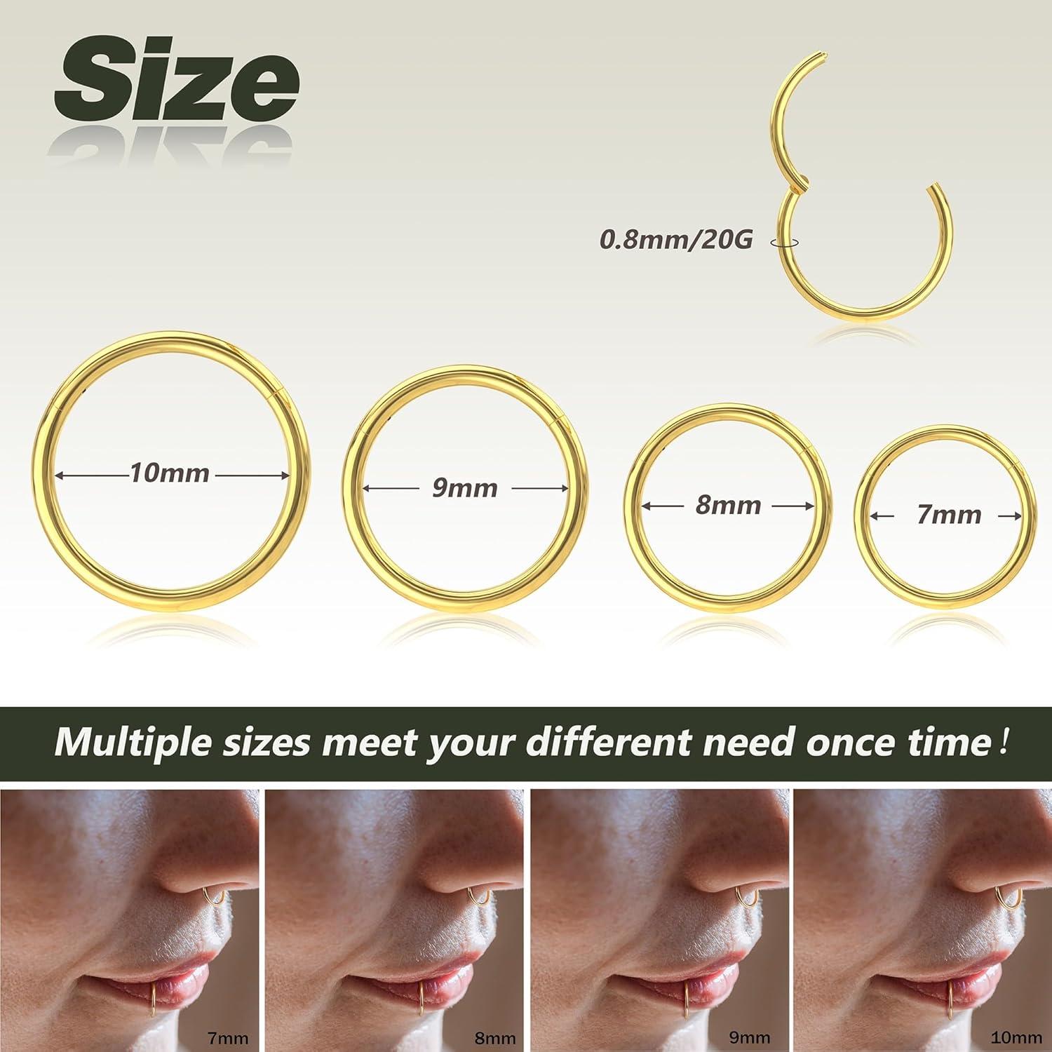 imageBodyBonita 458 pcs 16G18G20G 316L Surgical Steel Hinged Nose Rings Hoops Lip Septum Rings Helix Conch Rook Cartilage Tragus Earrings Piercing Jewelry Black Silver Gold Plated Nose Rings Women MenGold 20G 7mm10mm 4PCs
