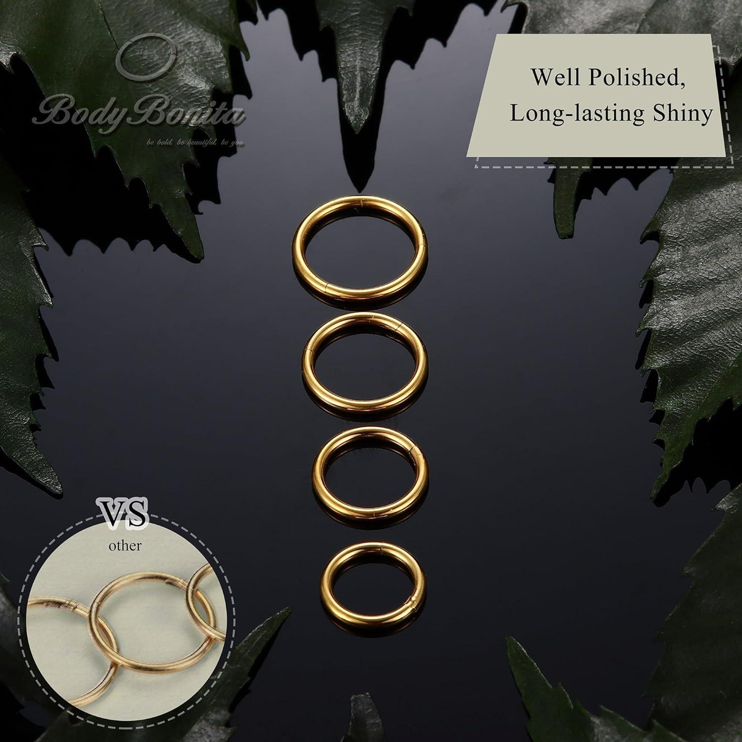 imageBodyBonita 458 pcs 16G18G20G 316L Surgical Steel Hinged Nose Rings Hoops Lip Septum Rings Helix Conch Rook Cartilage Tragus Earrings Piercing Jewelry Black Silver Gold Plated Nose Rings Women MenGold 20G 7mm10mm 4PCs