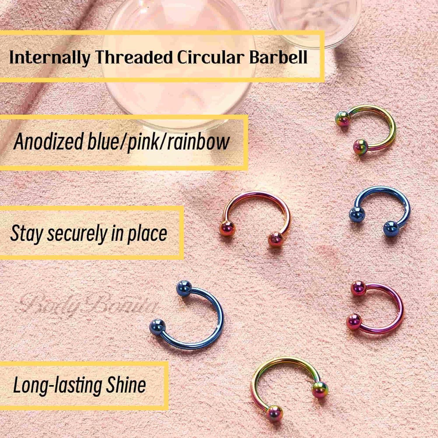 imageBodyBonita Anodized G23 Titanium Horseshoe Nose Ring Hoops for Women 16G Septum Rings Circular Barbell Conch Helix Daith Tragus Cartilage Lip Eyebrow Piercing Jewelry 810mm 2PcsBlue HandAnodized